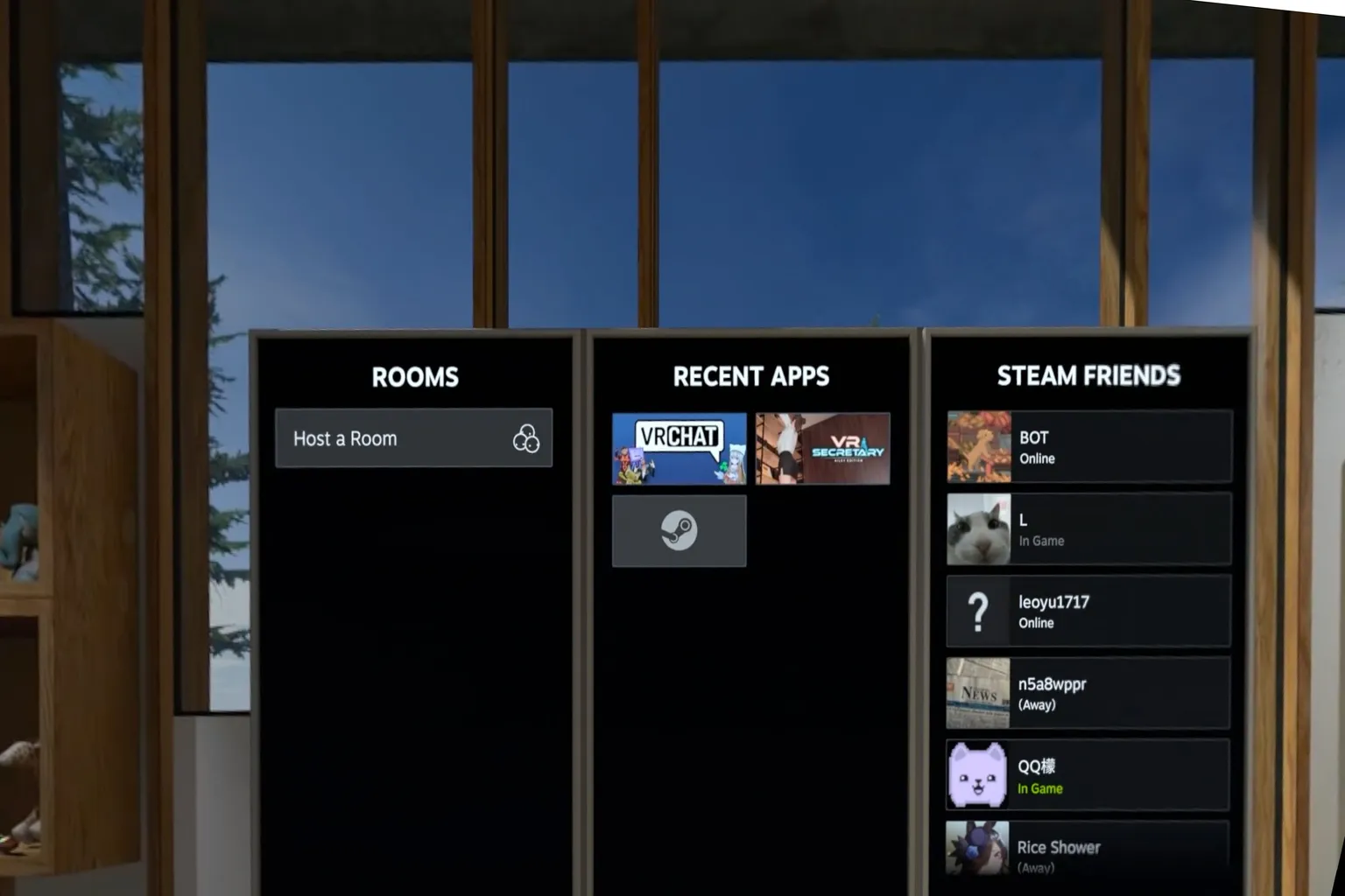 In the center of the SteamVR room screen, a floating menu shows recently used apps and the friends list.