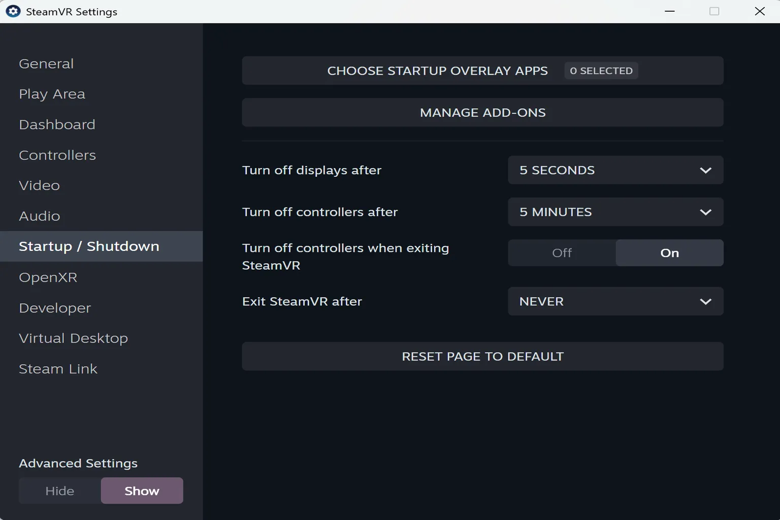 In the startup and shutdown settings, you can manage add-ons, timeouts, and controller auto power-off behavior.