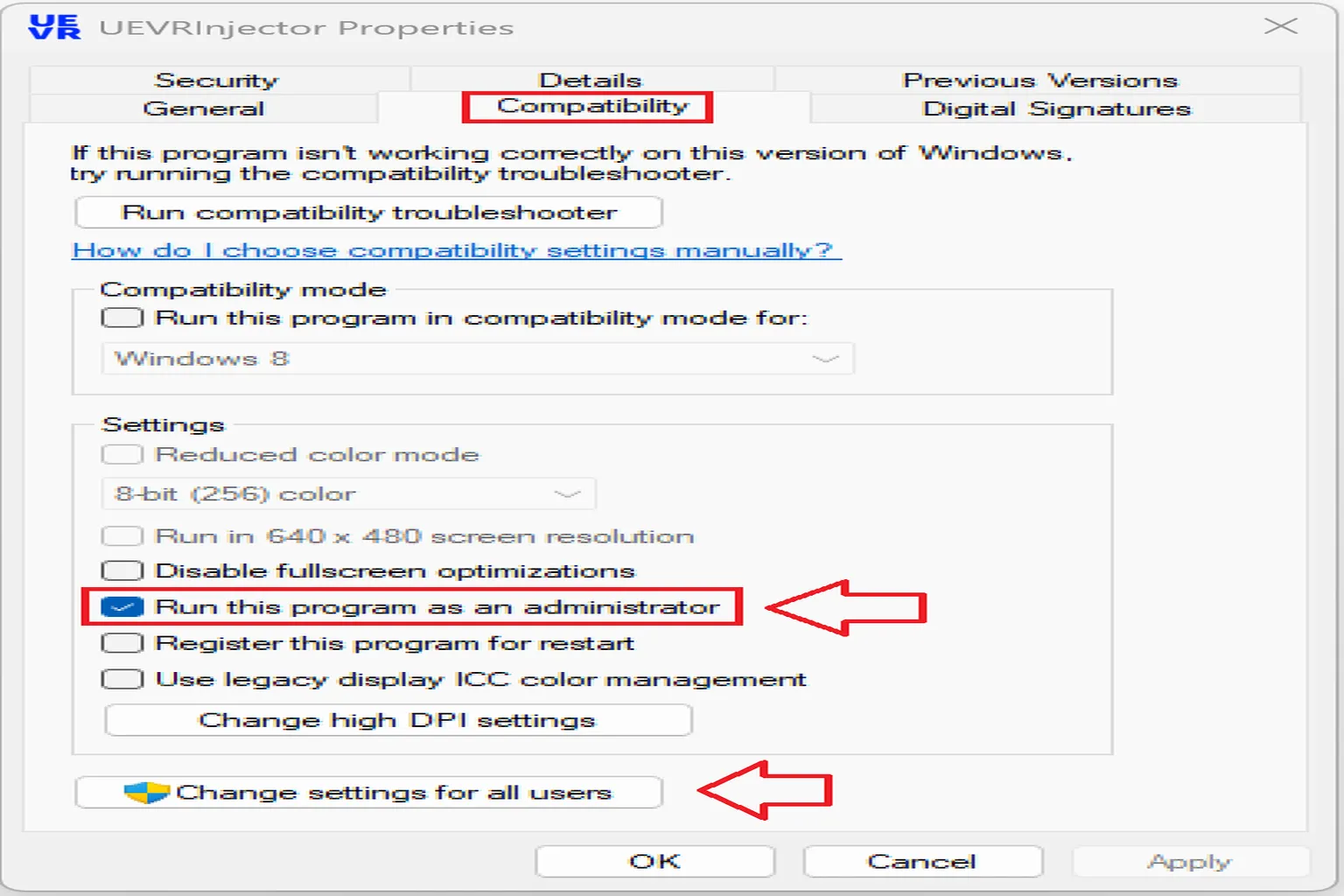 Windows compatibility settings window with Run this program as administrator enabled and OK selected