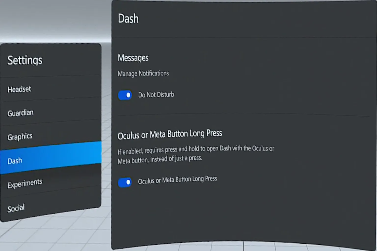 Control bar settings for notifications and the Meta button long-press behavior, affecting how the control bar is activated.