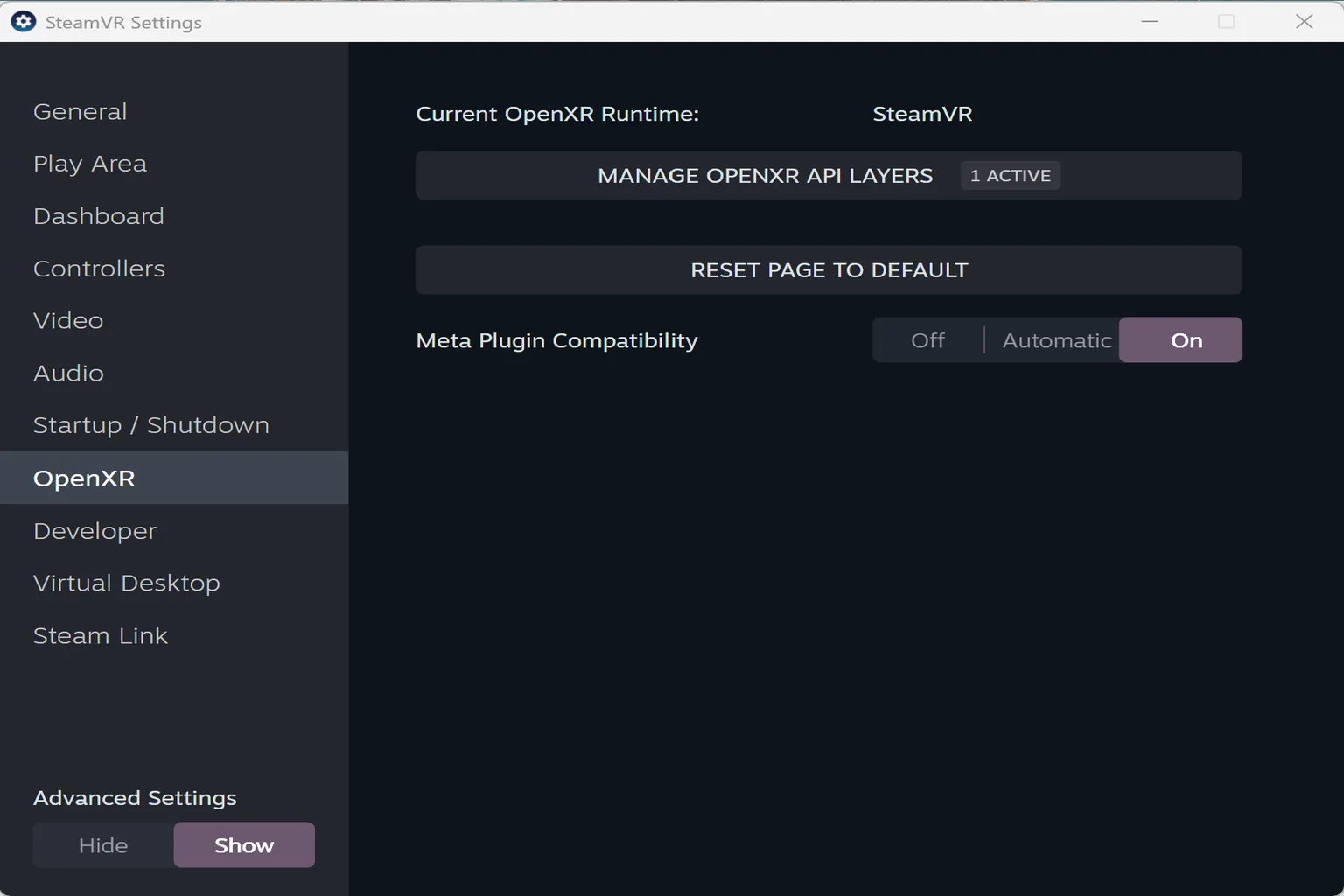 This screen covers OpenXR runtime selection and Meta plugin compatibility settings.