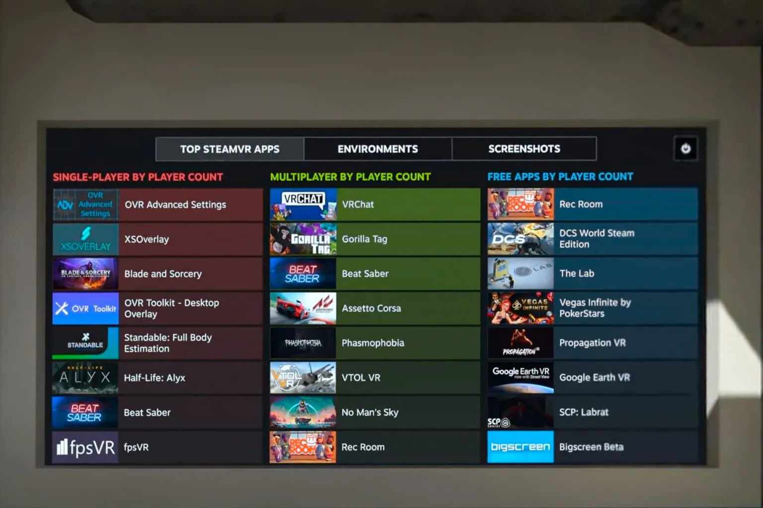 The SteamVR popular apps section is organized into Single Player, Multiplayer, and Free Apps categories.
