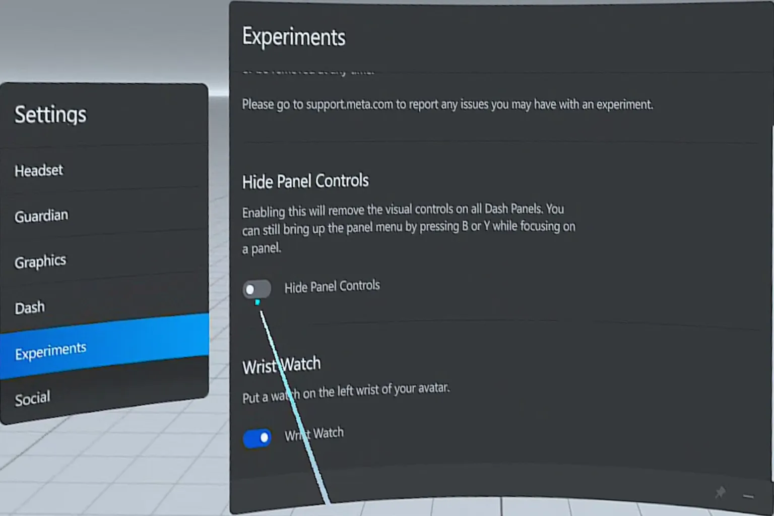 Experimental features page showing that the “Hide panel controls” option is turned off by default.