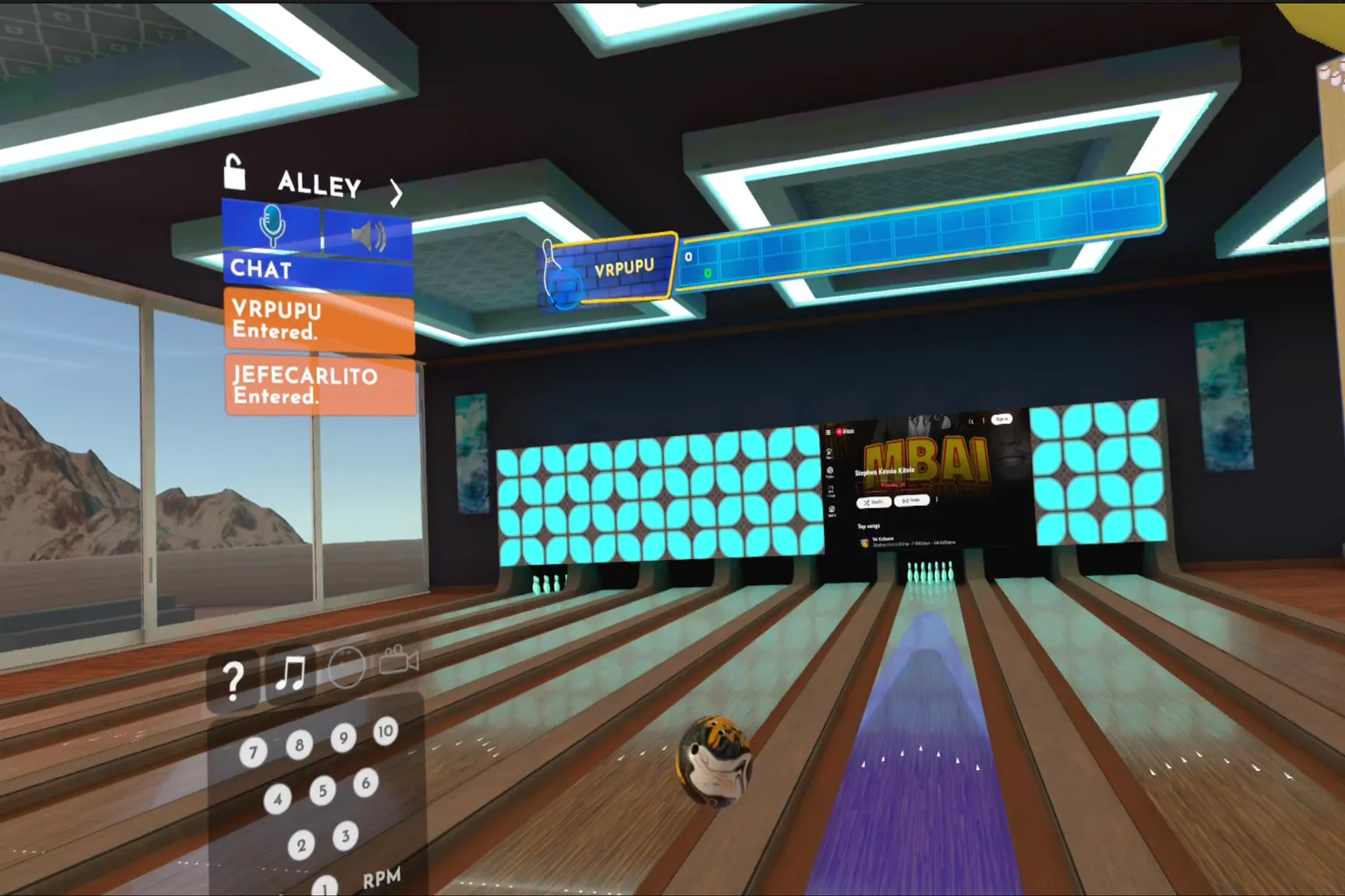 Bowling ball veering off the lane into the neighboring lane, with spectator stands and ball spin speed data visible on screen.