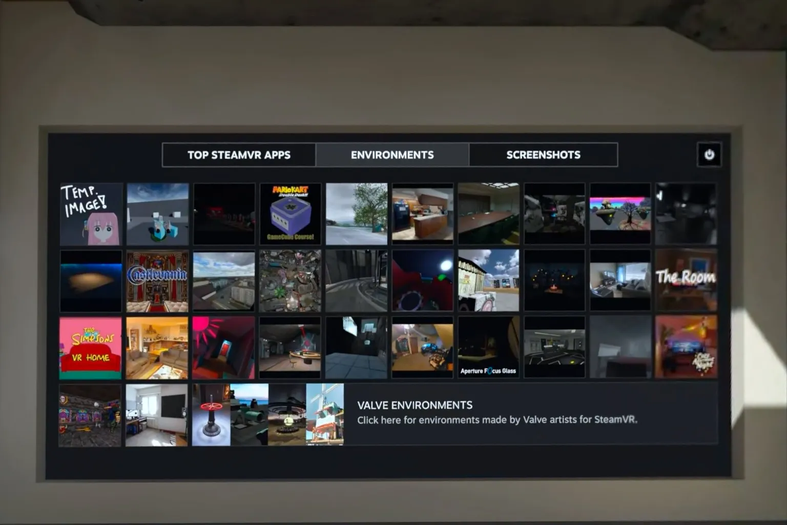 On the SteamVR popular category “Scenes” page, icons for various virtual environments are displayed in a grid.