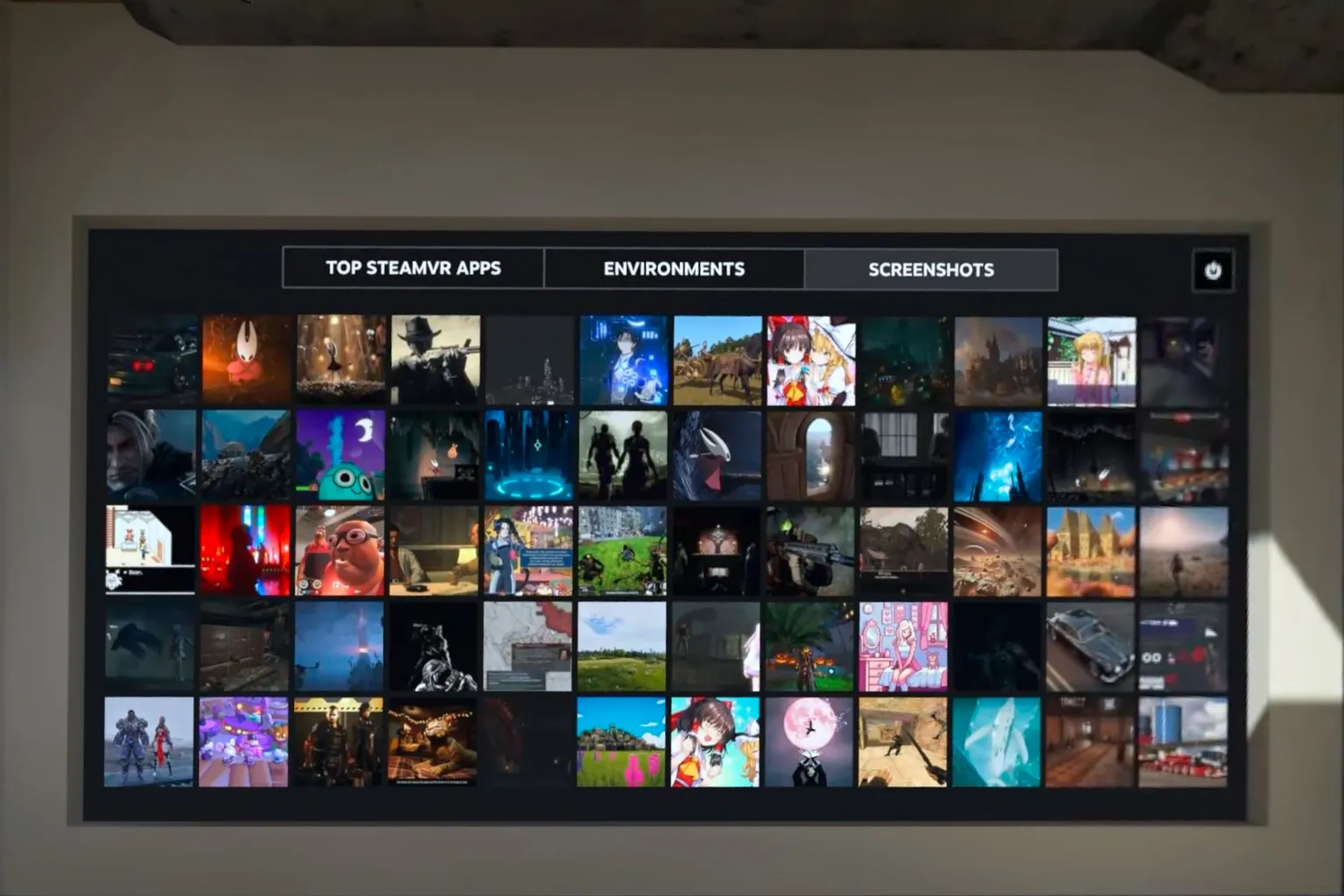 On the SteamVR popular category “Screenshots” page, a gallery of user-shared in-game screenshots is displayed.