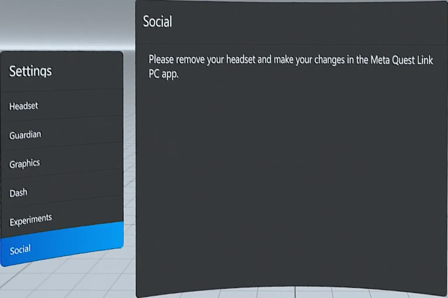 Social settings screen instructing the user to remove the headset and adjust related options in the Meta app on the PC.