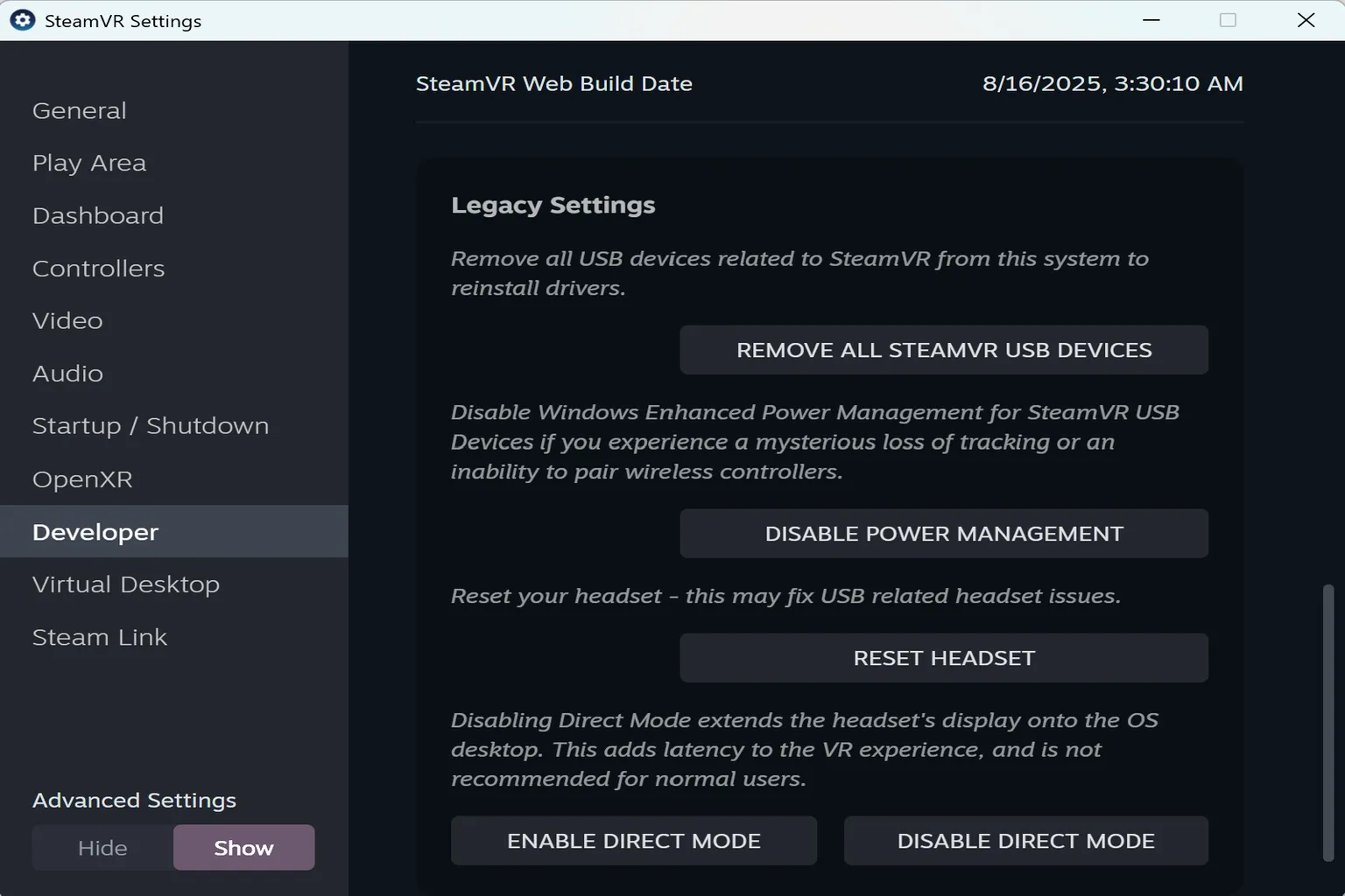 SteamVR’s advanced USB and Direct Mode settings include options to remove USB devices and restart the headset.