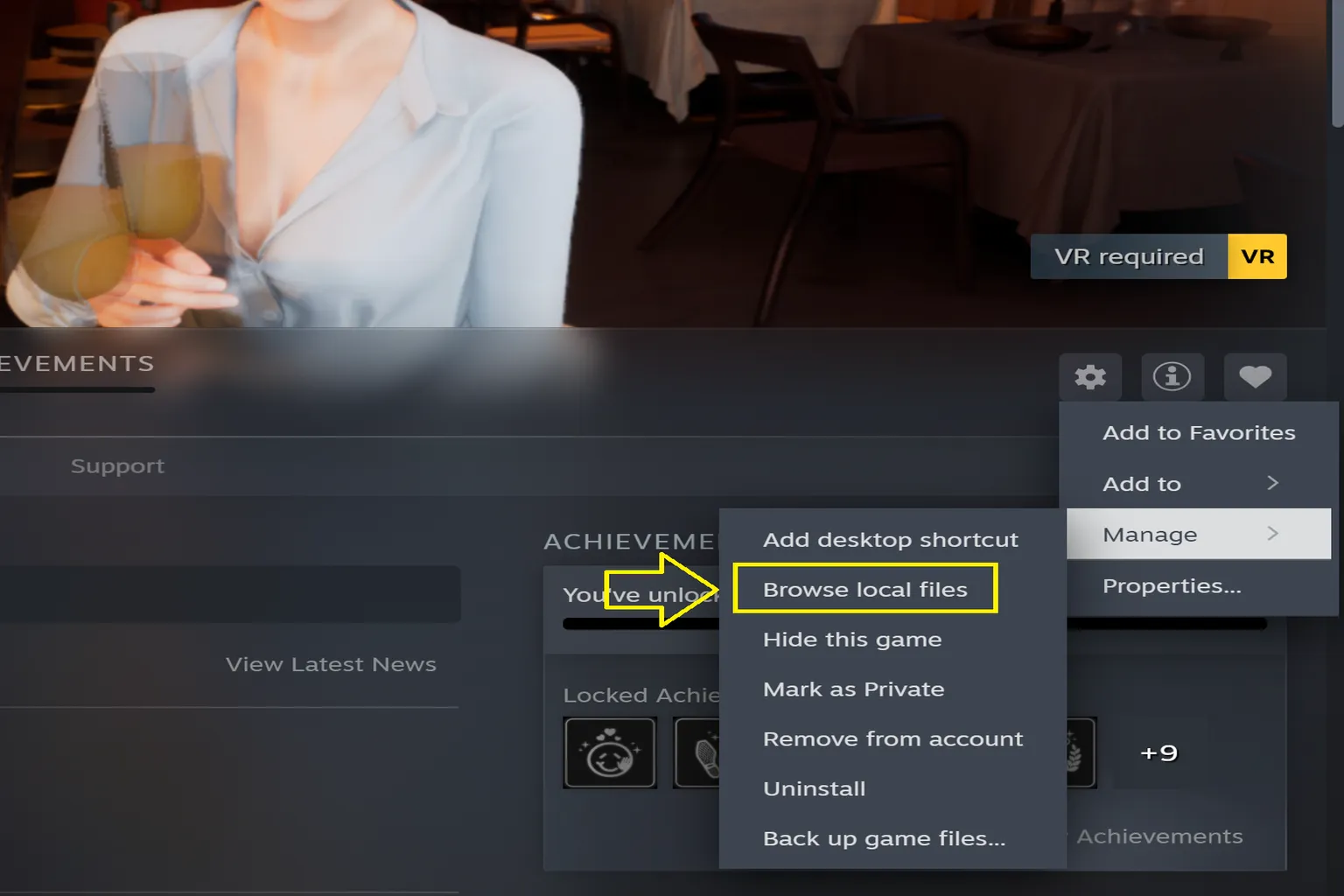 Clicking Manage → Browse local files to open the game’s installation directory.