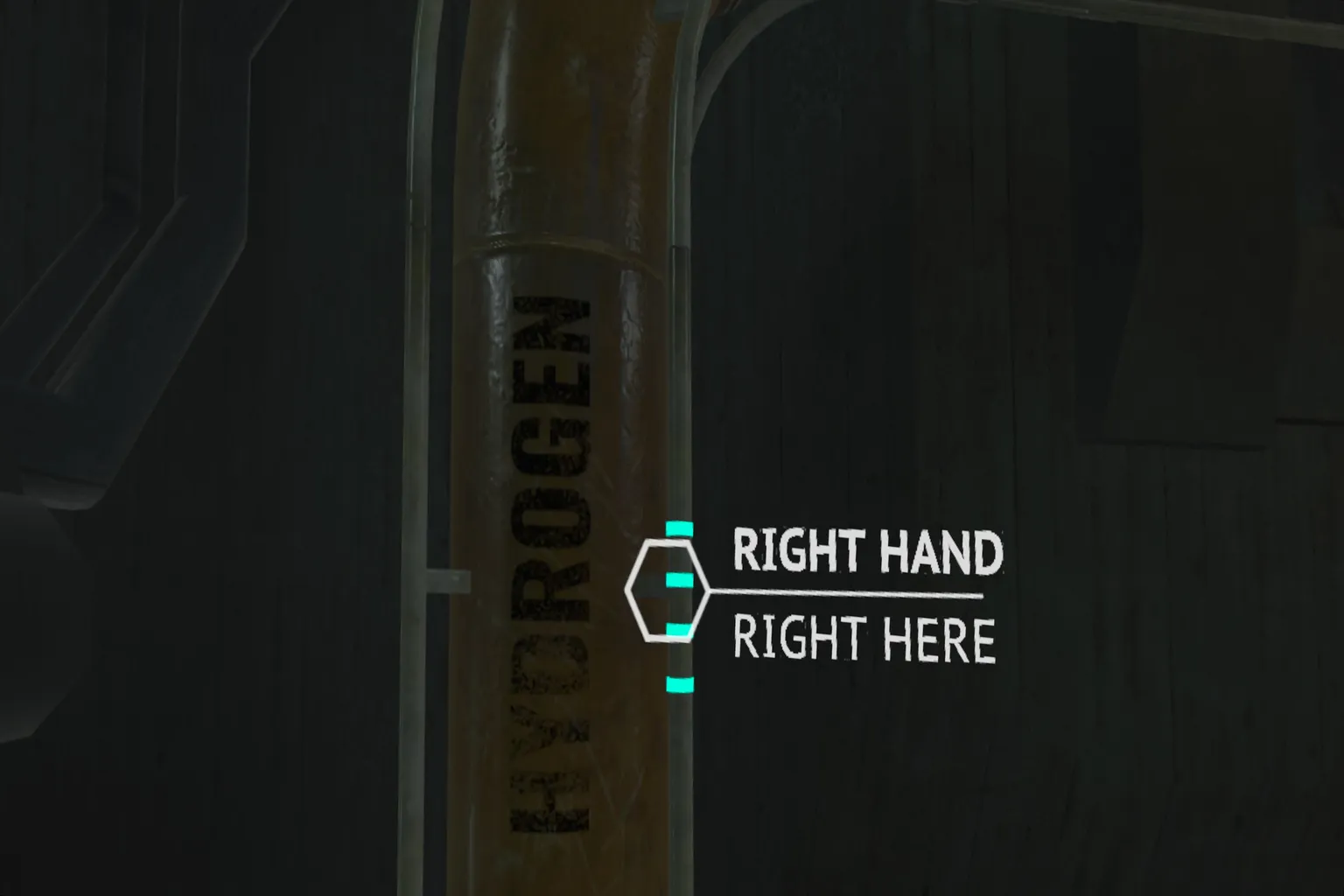 The player grabbing a handle next to a gas cylinder, with a tutorial message on screen instructing to grab it with the right hand.
