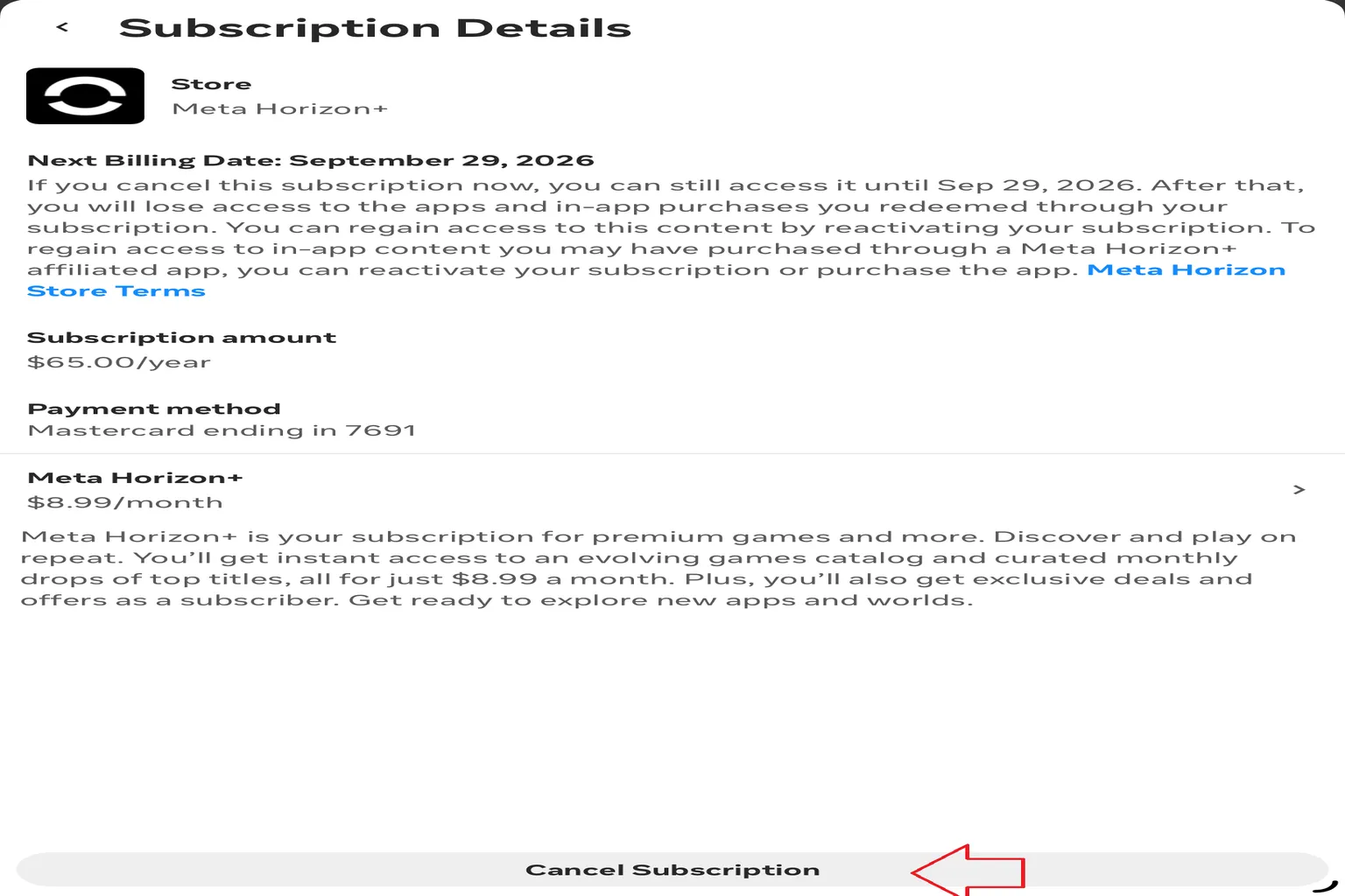 On the subscription information screen, click Cancel Subscription to start the Horizon+ cancellation process.