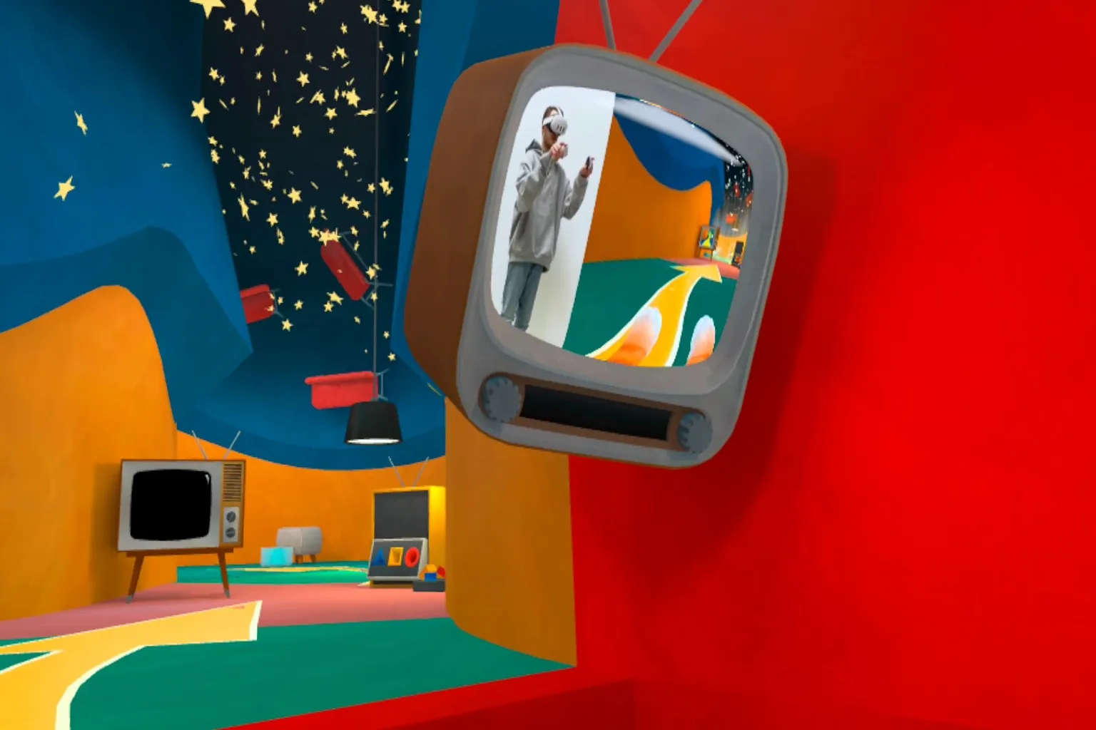 A retro TV in the living room teaches cats the rules of human society, showing a lesson video of humans and cats interacting while wearing VR.