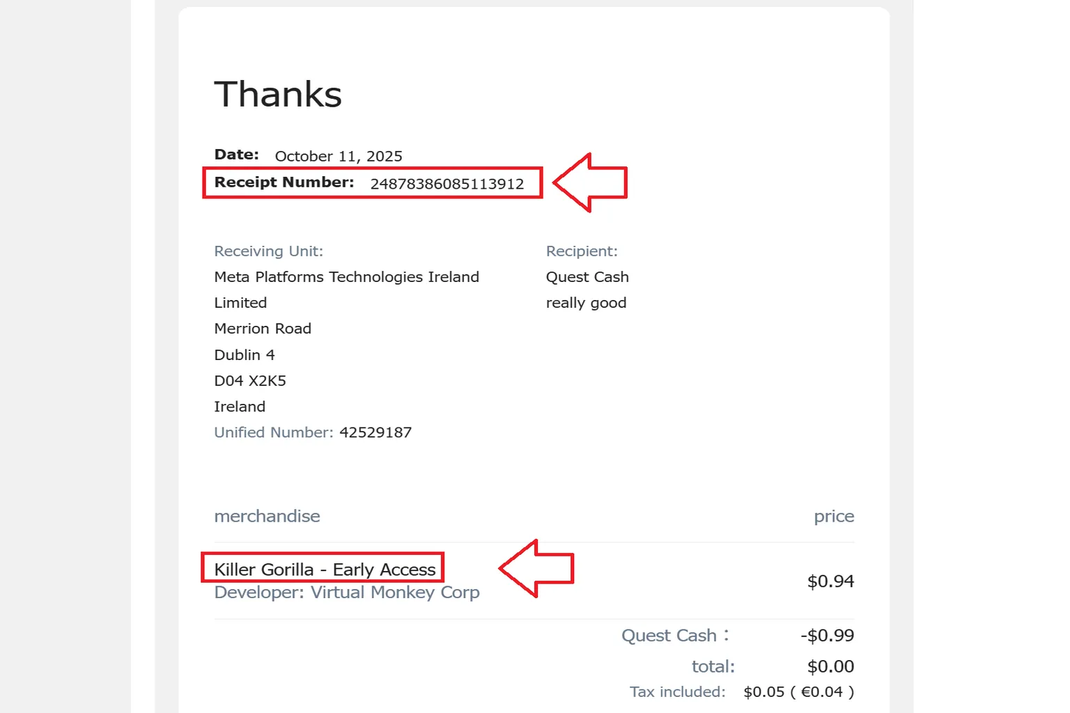 Meta receipt screen showing the purchased game “Killer Gorilla - Early Access” with the order date listed as May 23, 2025.