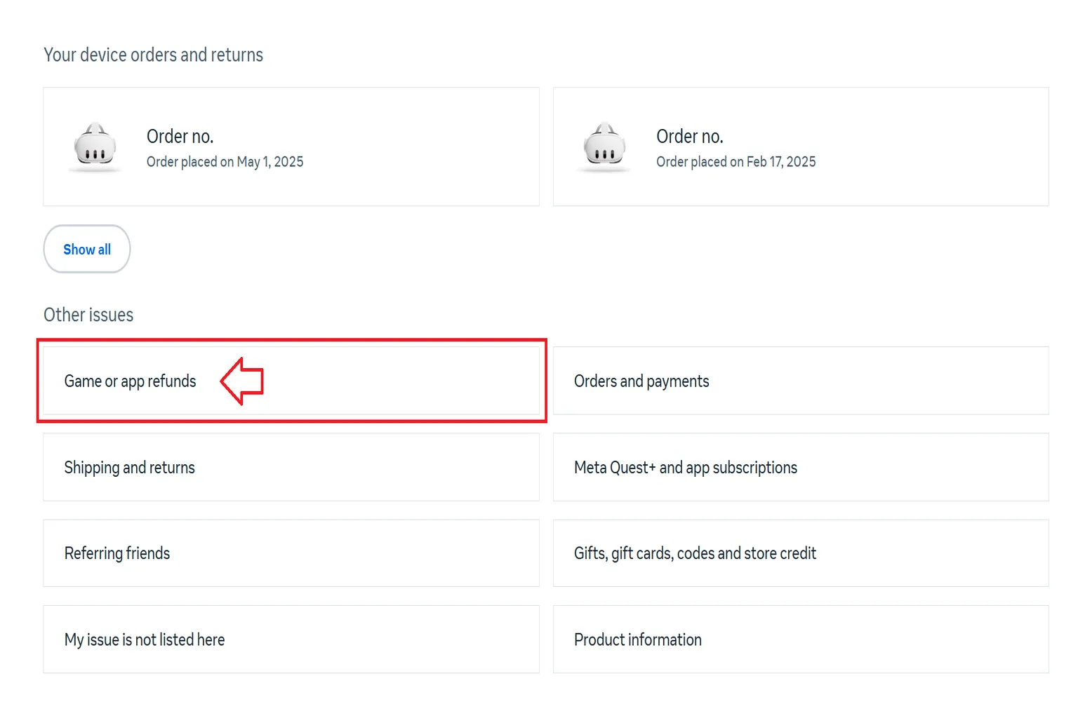 Meta Support page showing the Game or App Refund option being clicked.
