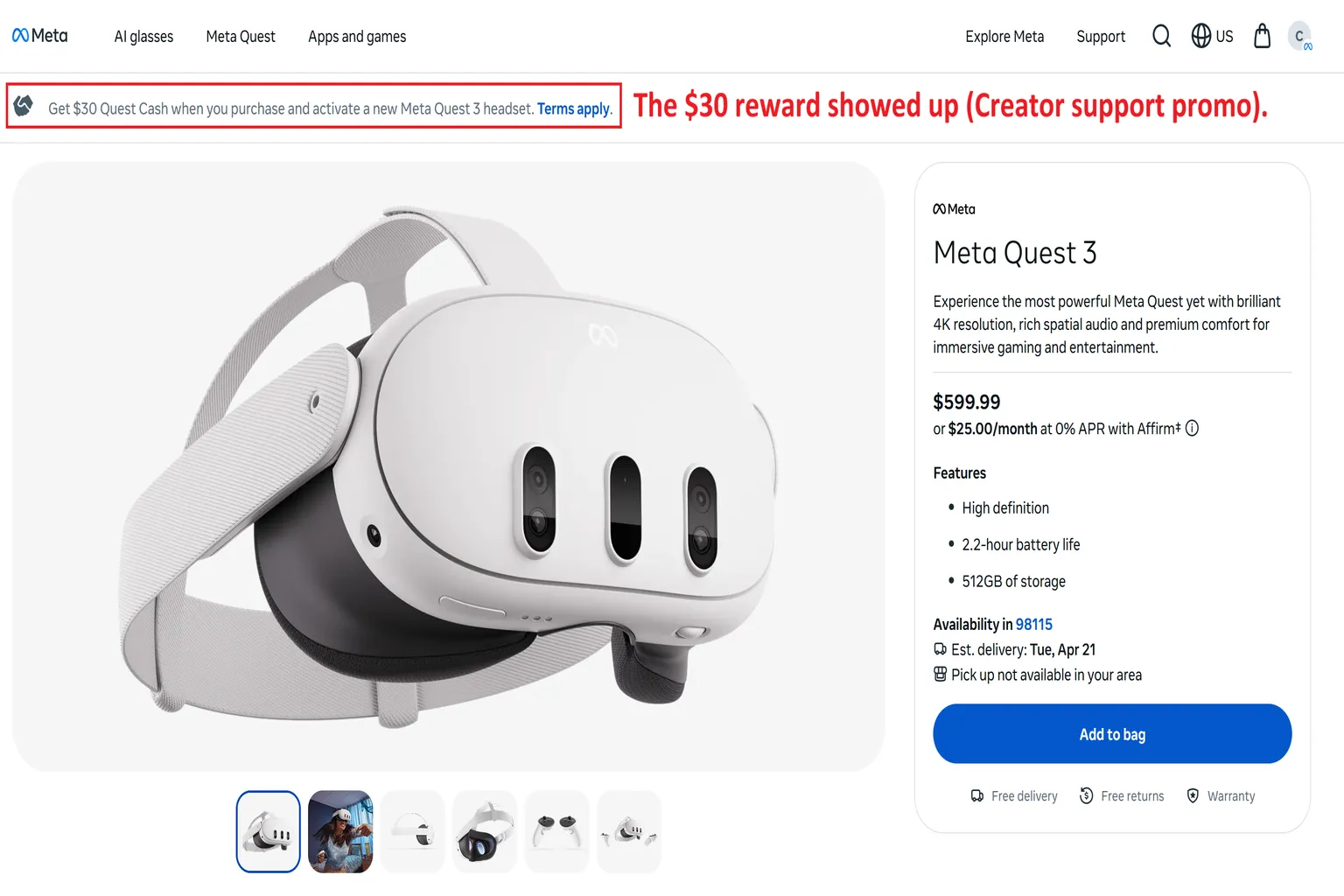 Meta Quest product page accessed via a creator link, displaying a banner that says “Get $30 Quest Cash