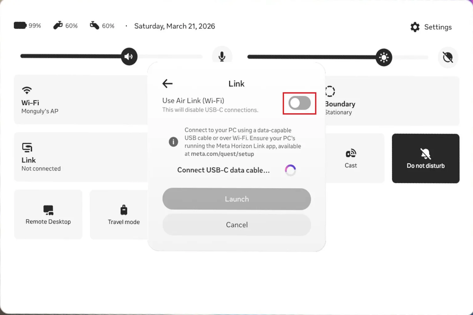 Air Link toggle enabled inside the headset, starting the search for available PCs for wireless connection
