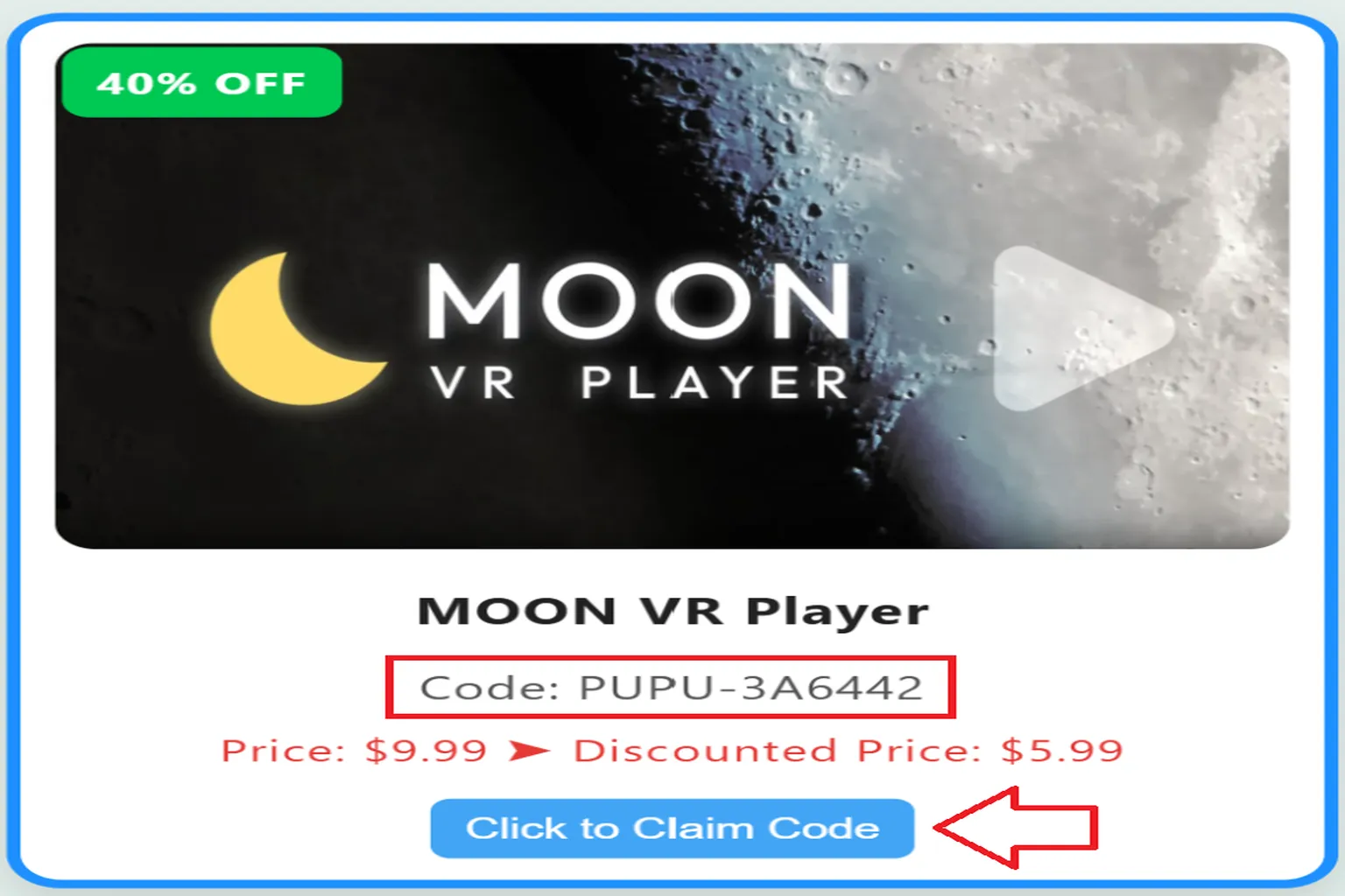 Copying a game coupon code from the creator discount page. “Moon VR Player” displays an available discount code: VRPU-3A6442