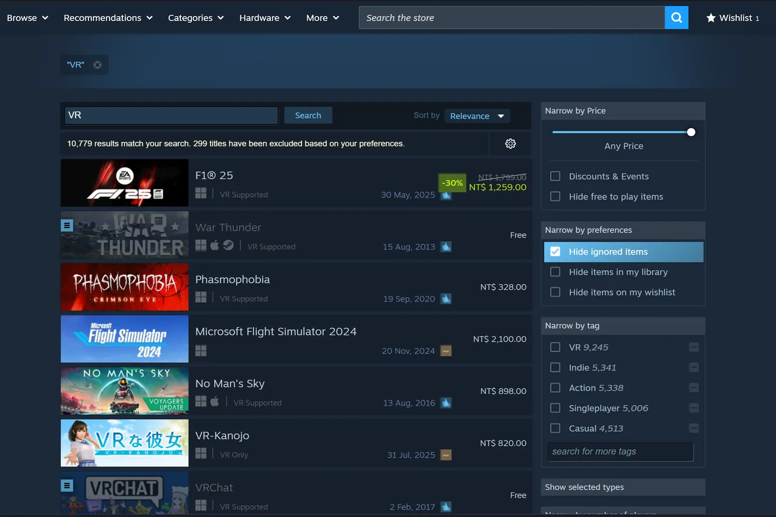 Steam PC gaming platform search results for VR games, displaying real-time discount prices on popular VR titles and language filter options.