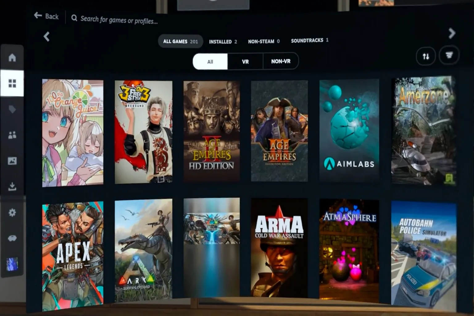 In the SteamVR library screen, the Games Library tab is selected, and a list of installed games appears on the right side.