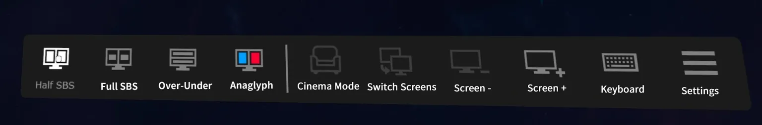 At the bottom of the Virtual Desktop VR interface, you’ll see a menu bar with several function tabs lined up.