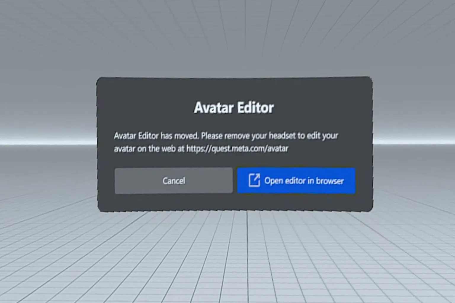 A popup window showing a prompt for the Avatar Editor, indicating that a web browser needs to be opened to make edits.