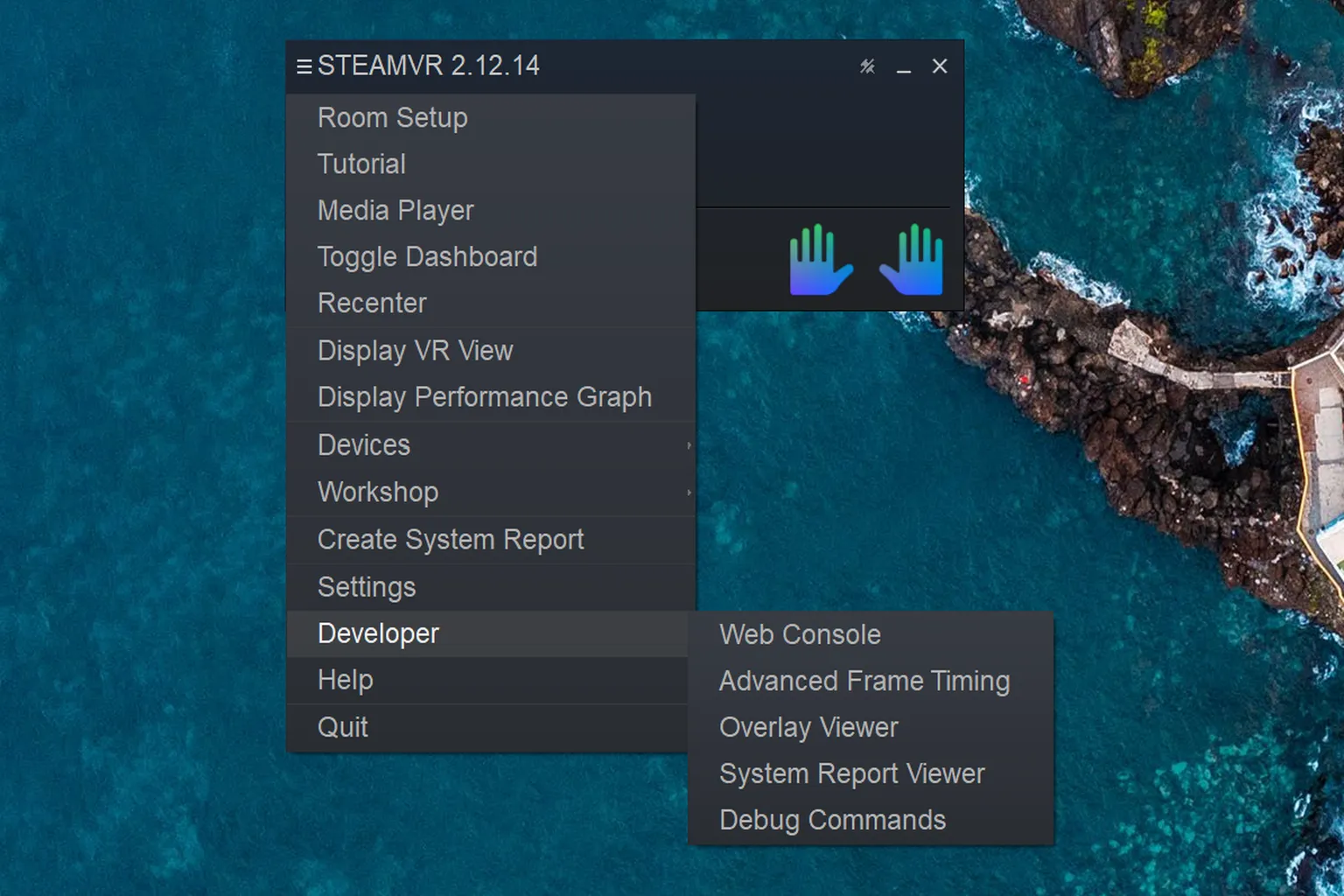 The developer submenu in the SteamVR menu provides tools like a web command line, embedded UI viewer, and detailed frame timing.