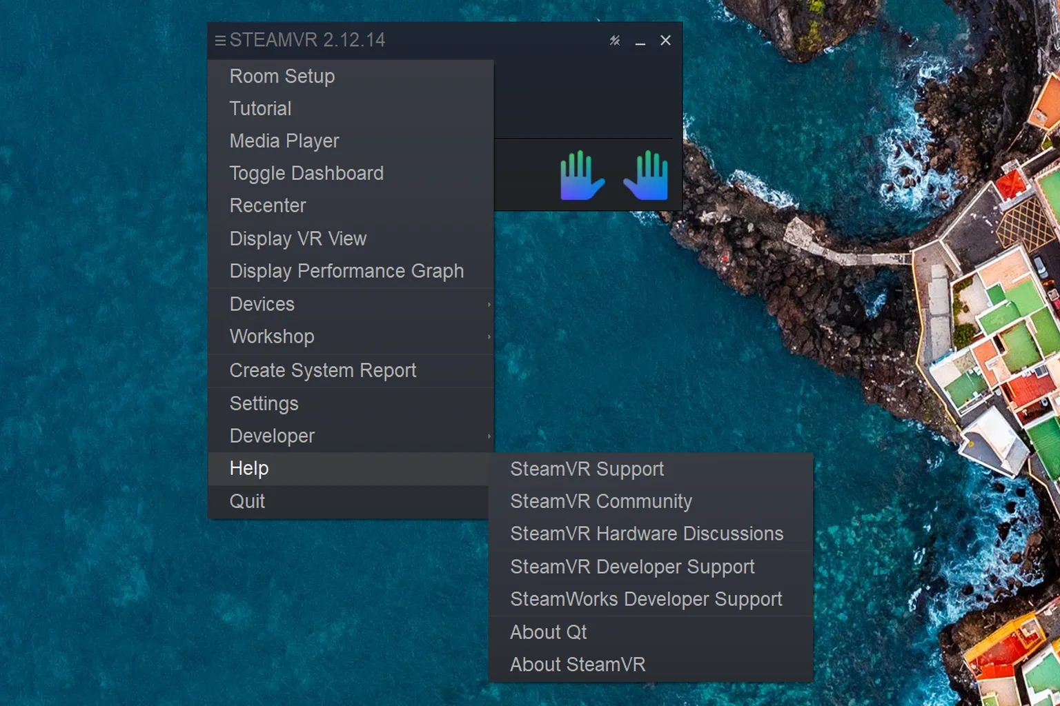 The SteamVR help menu gathers links to customer support, community pages, hardware discussions, and developer support resources.