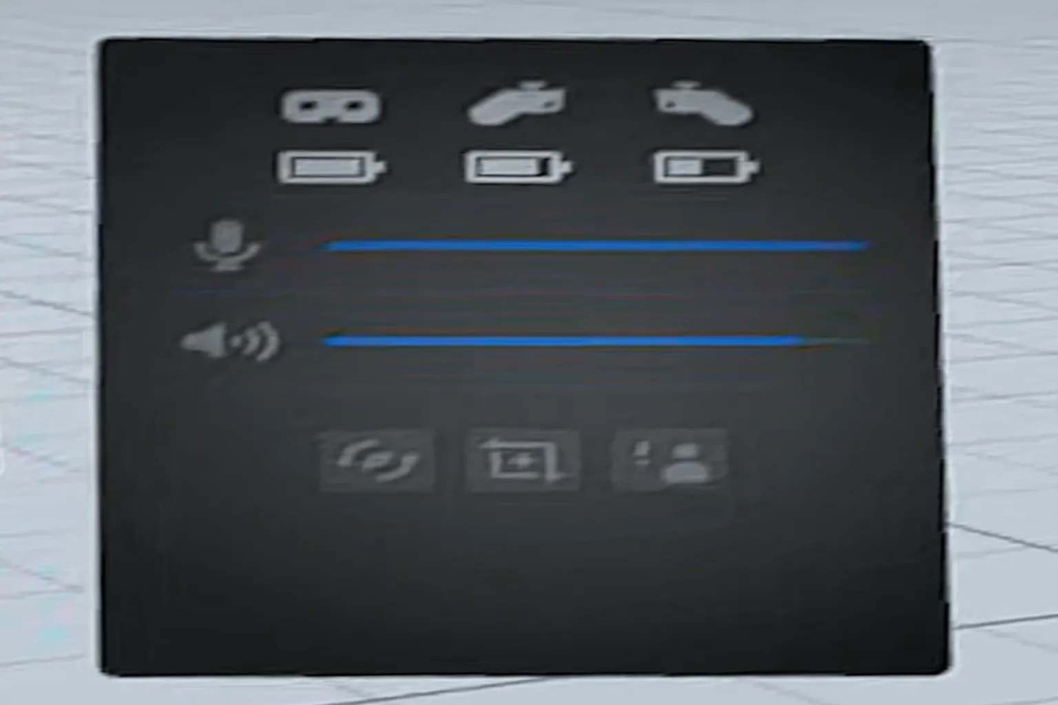 The quick menu displaying detailed information such as battery level, audio status, controller status, and various feature options.