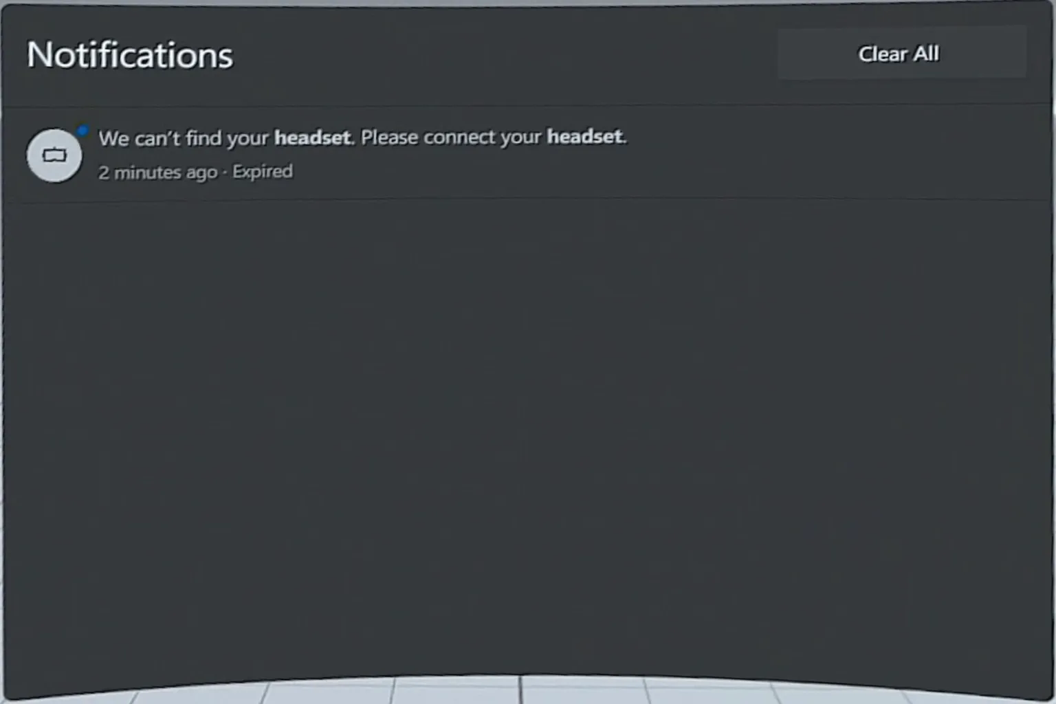 The Air Link notifications page showing a “Headset not found” message, with an option to clear the notification by selecting “Clear all.”