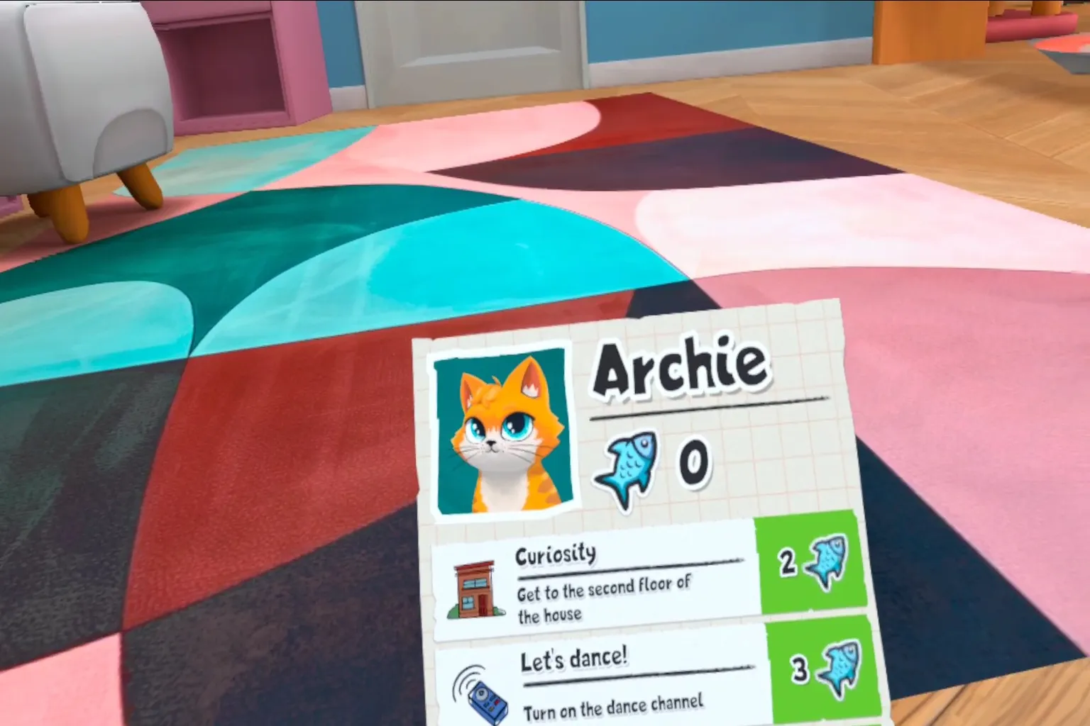 A mission and score appear on a wrist band as Archie, the main cat character, starts another destruction challenge.