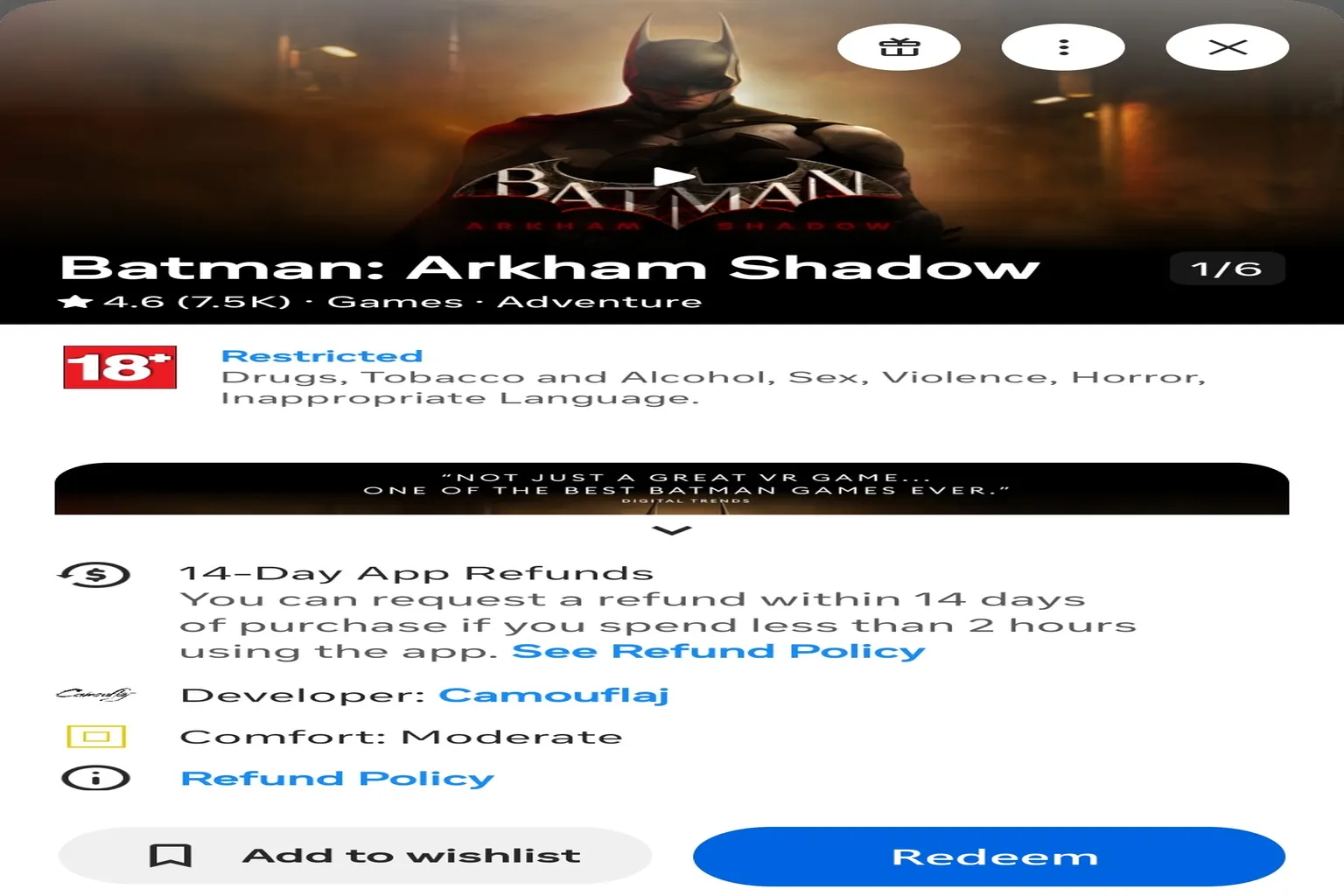 On the Batman: Arkham Shadow game page, if your account is eligible, a Redeem button will appear and you can claim it directly.