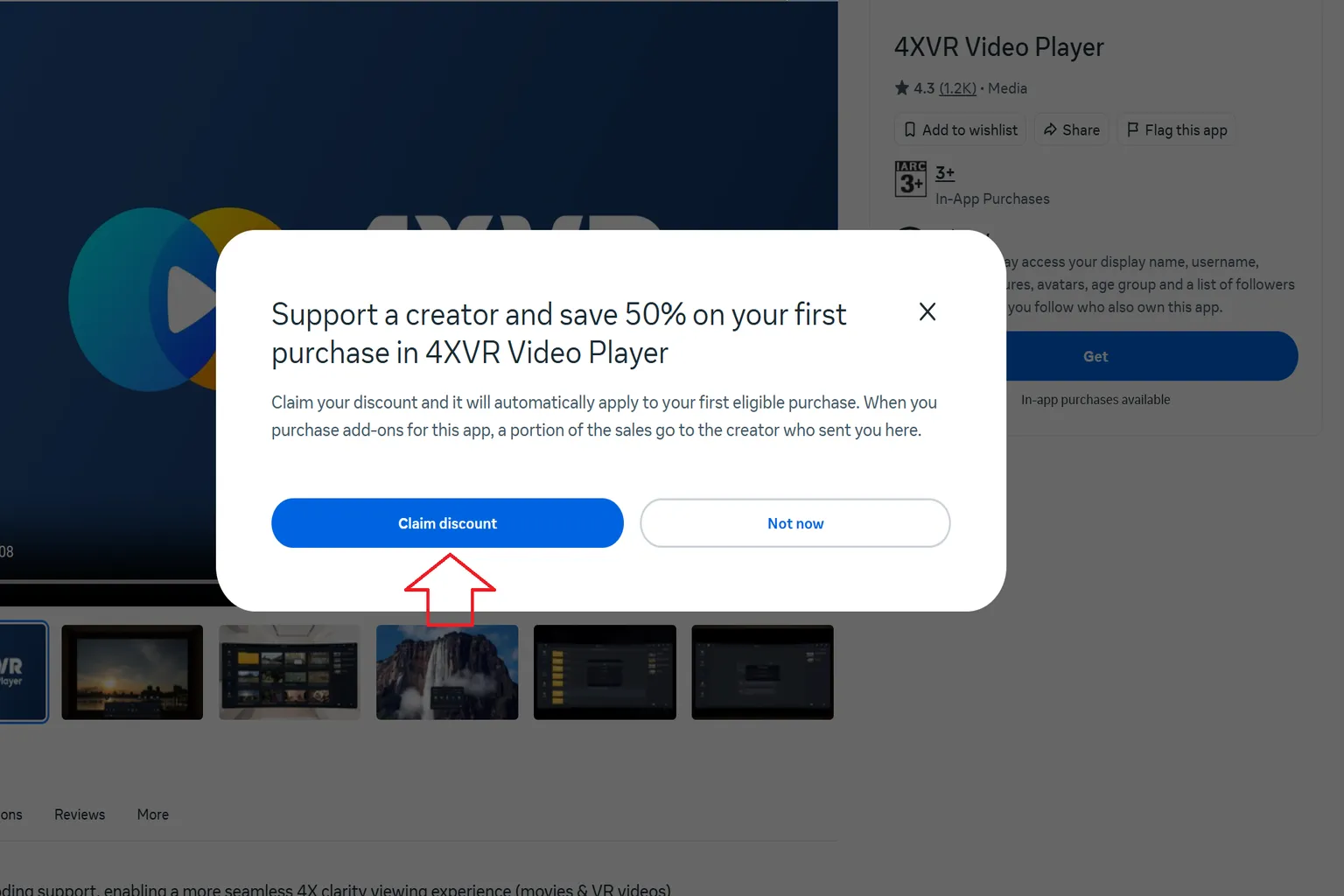 4XVR Video Player offering a creator-recommended discount with 50% off on the first purchase
