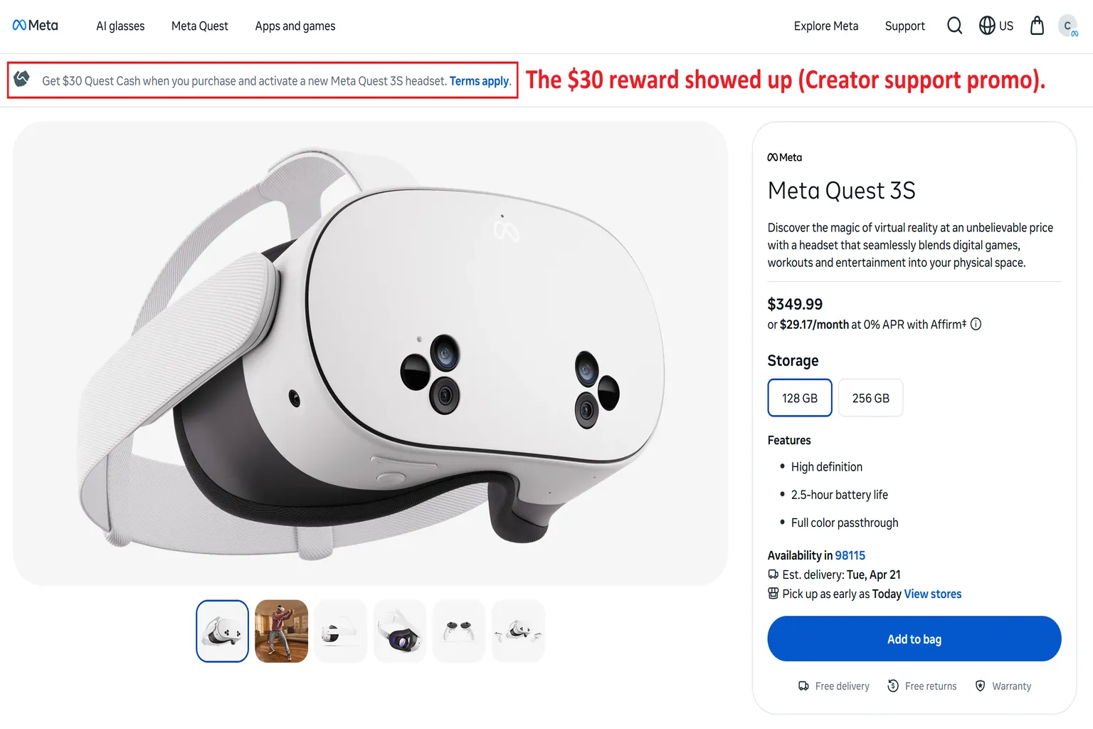 Meta Quest 3 added to cart through a creator link, showing a message under the product that $30 in rewards will be received after purchase