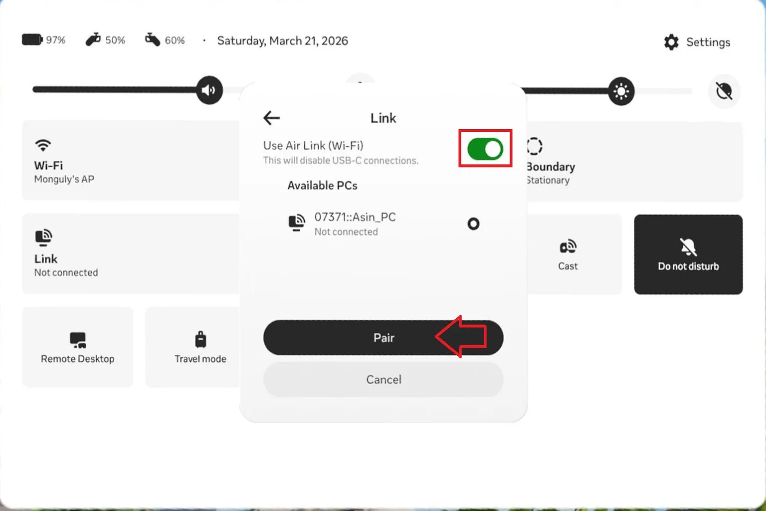 Air Link detecting the PC named “mongu” with status shown as not connected, ready for pairing