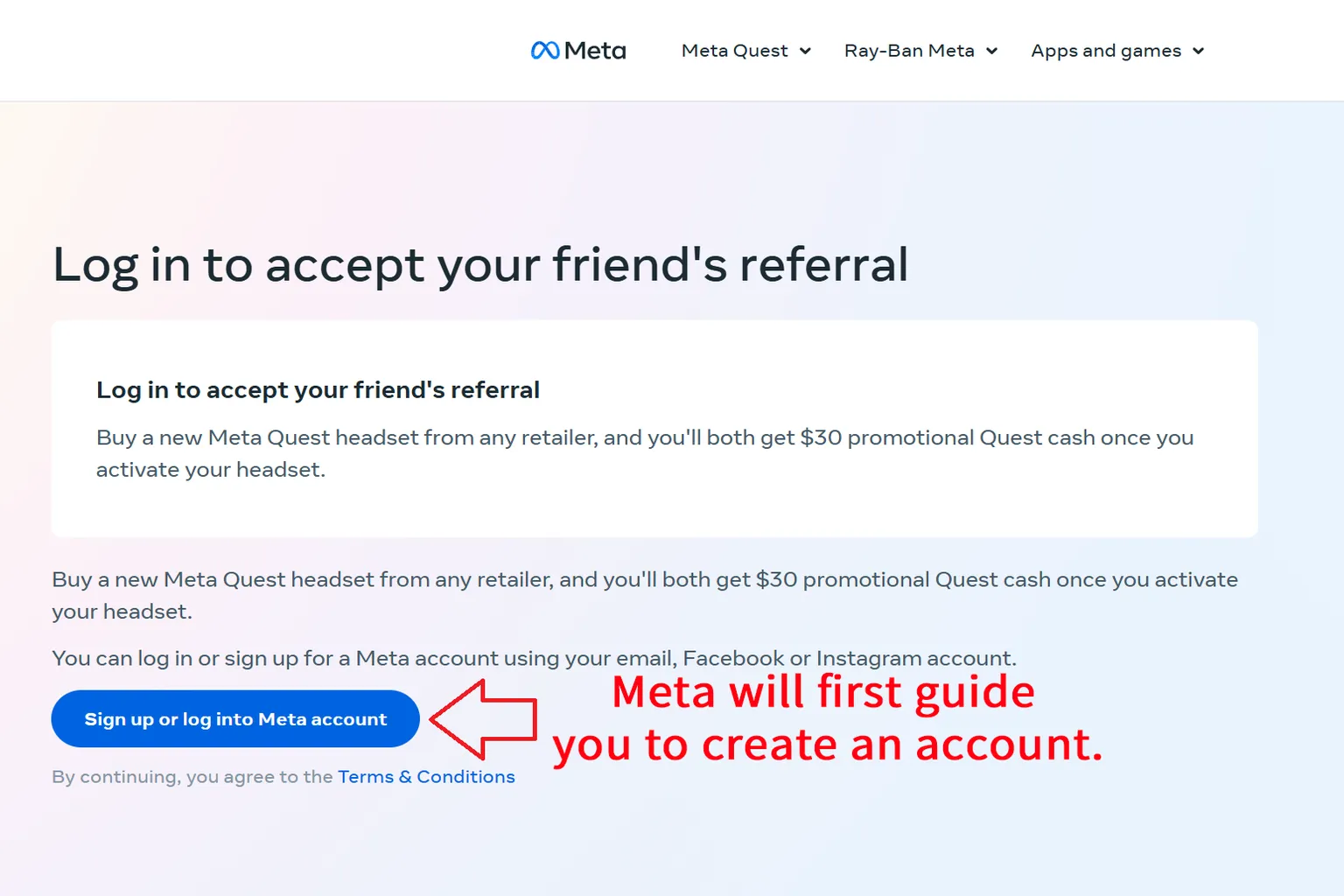 When a player who is not logged in clicks a referral code, a screen appears prompting them to create a Meta account.