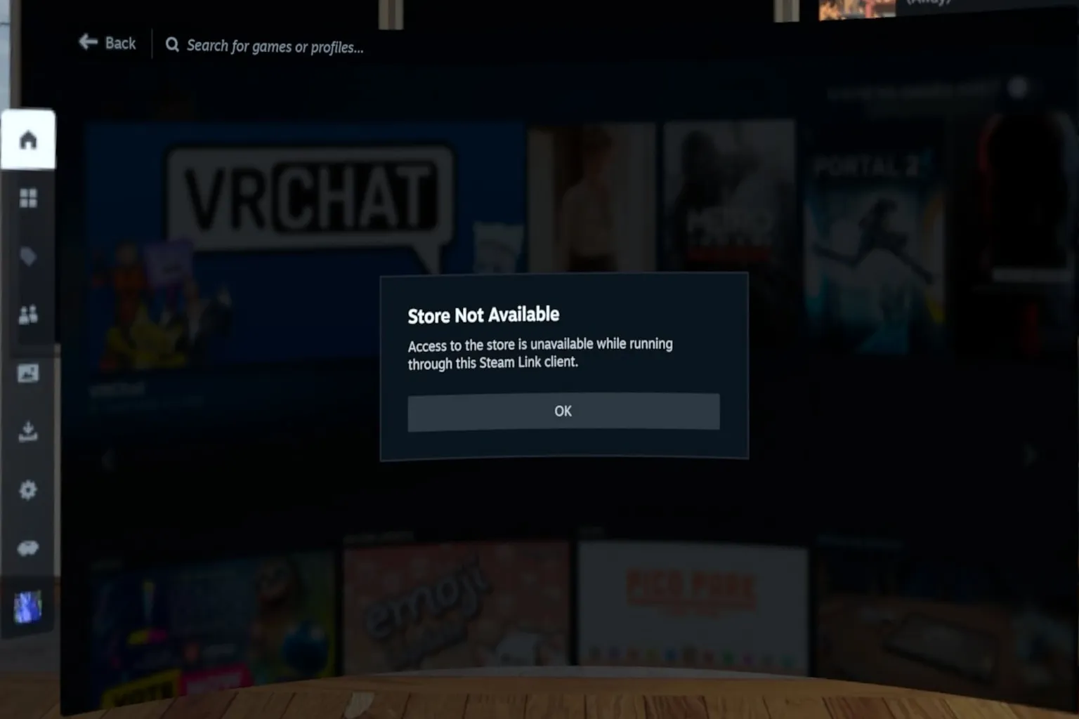An error message appears when the SteamVR store isn’t accessible, explaining that the store can’t be viewed while in streaming mode.