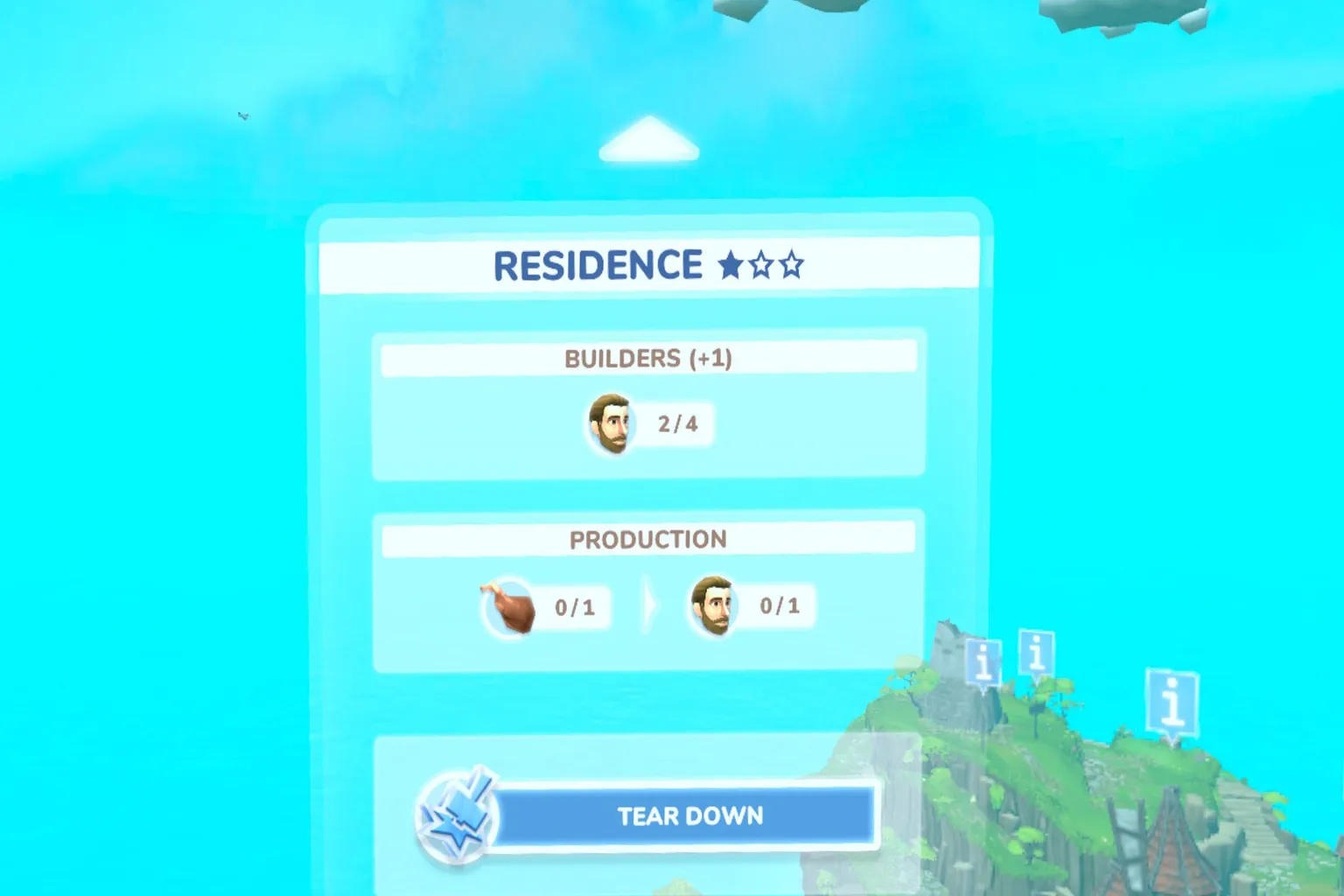 Townsmen VR building interface displaying house star level, construction progress, and the number of assigned residents.