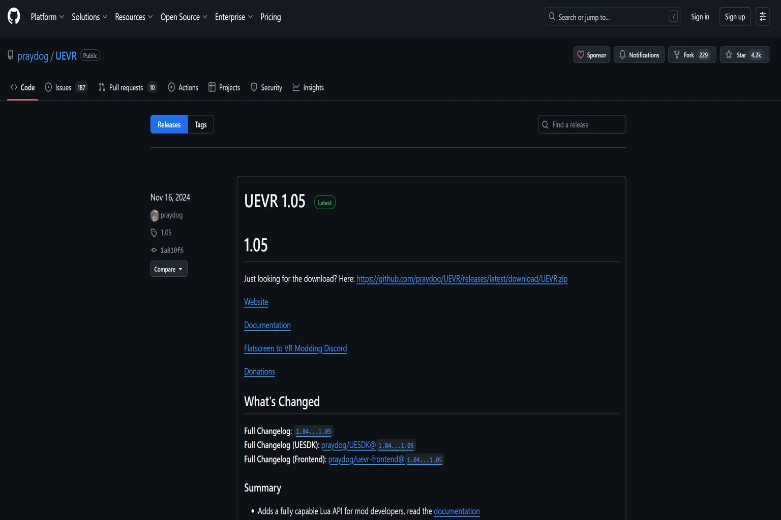 UEVR GitHub Assets list highlighting the download link for the uevr.zip file