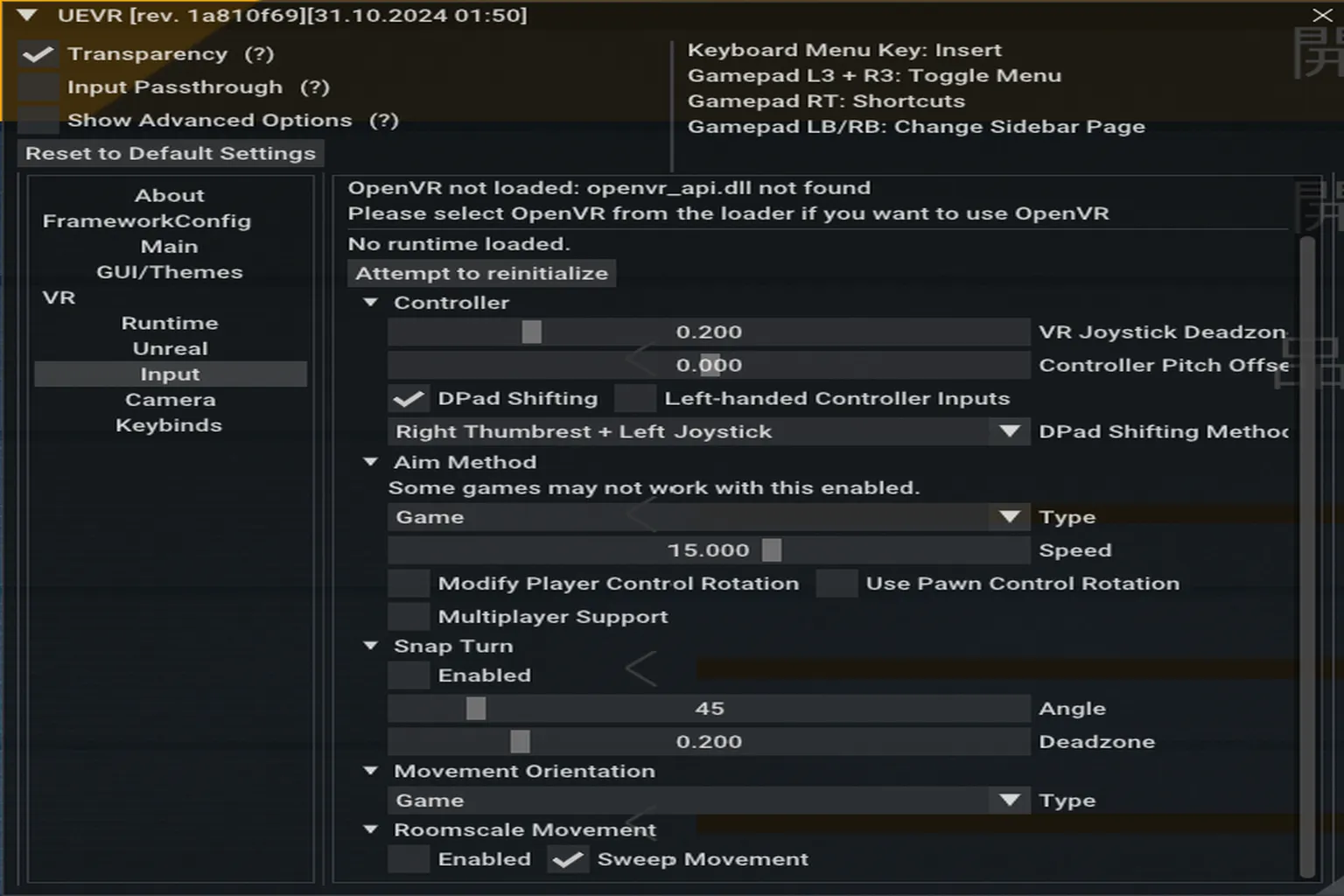 UEVR input control settings page allowing left and right hand assignment, trigger inversion, and hand model visibility