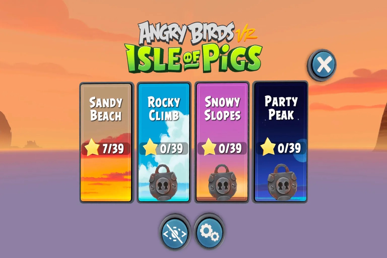 Angry Birds VR stage theme selection screen, with four themed areas lined up: Beach, Climbing Wall, Snow Slope, and Fun Peak.