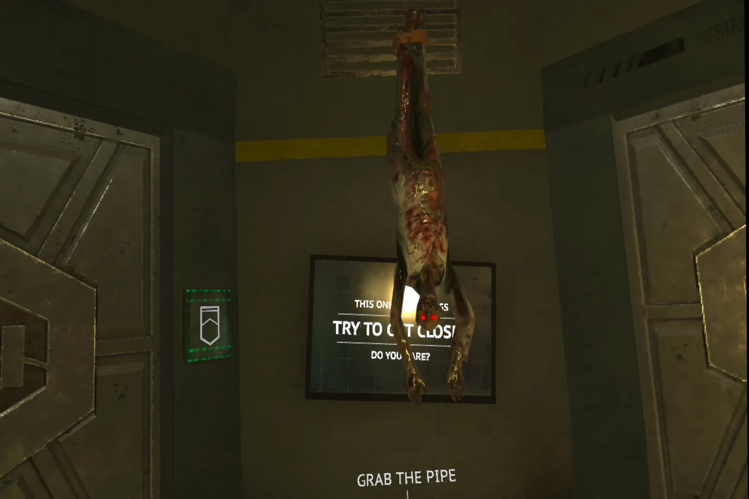 A red-eyed zombie hanging in the tutorial area, with an on-screen message instructing the player to move closer and grab the pipe.