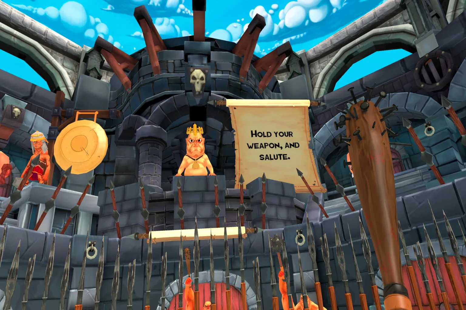 A king commands “Take up your weapon” from the stands as the player salutes, with the arena visible in the background.