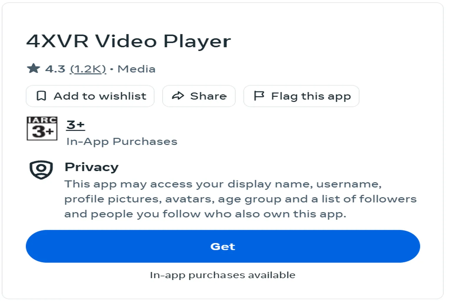 Clicking the blue Download button to get the 4XVR Video Player app for free