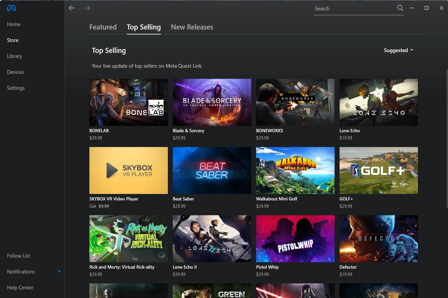 Meta Quest Store popular games list featuring well-known titles like Vader Immortal, Walkabout Mini Golf, and Green Hell VR.