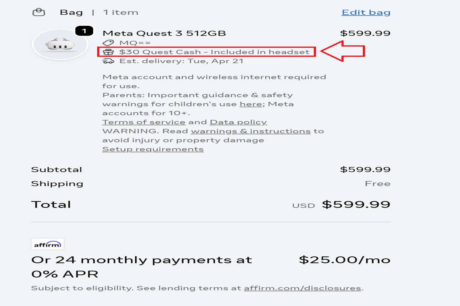 Checkout screen showing “You will receive $30 Quest Cash after purchase,” confirming the creator reward is applied