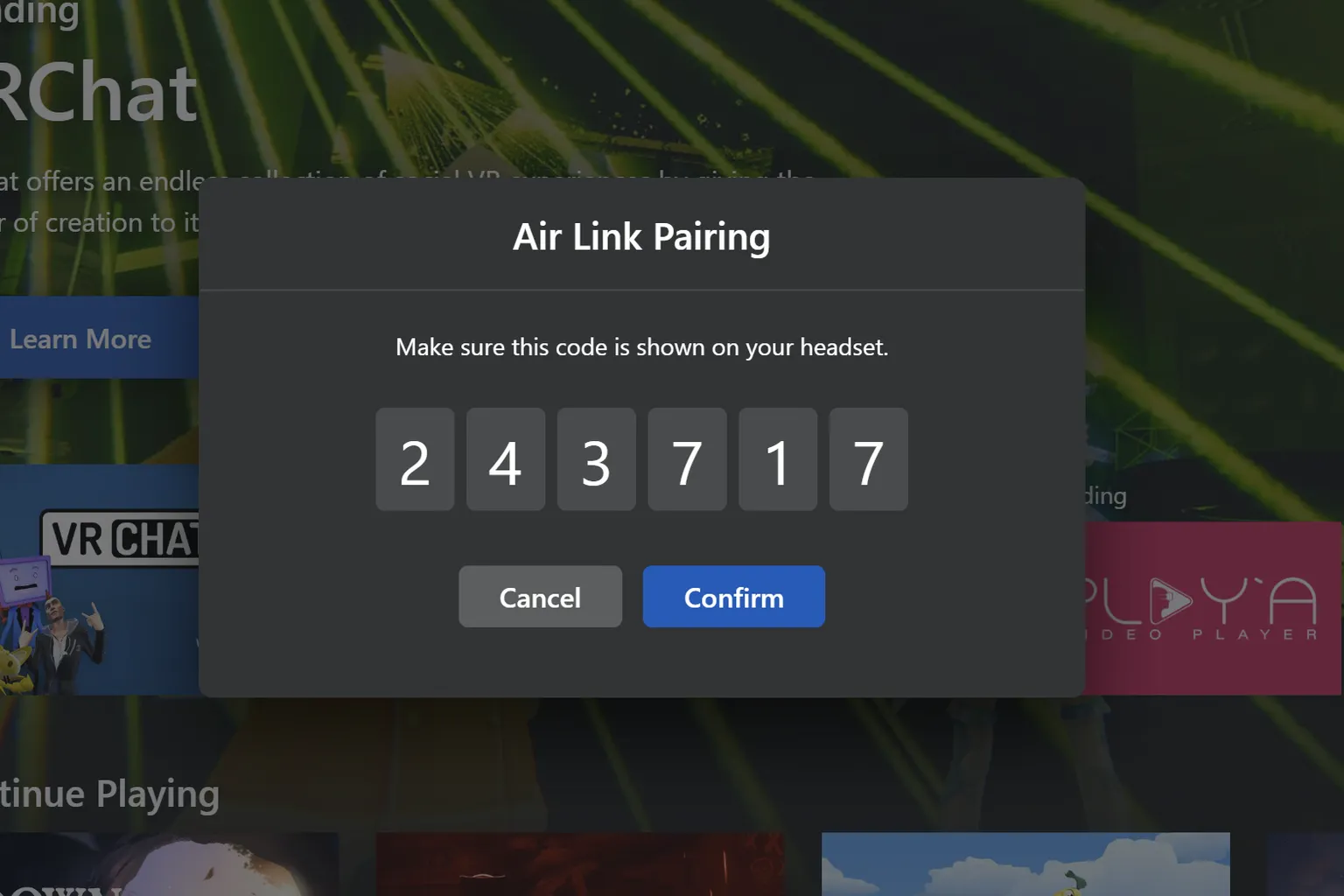 Air Link pairing screen displaying a six-digit pairing code and prompting the user to confirm the code on the PC