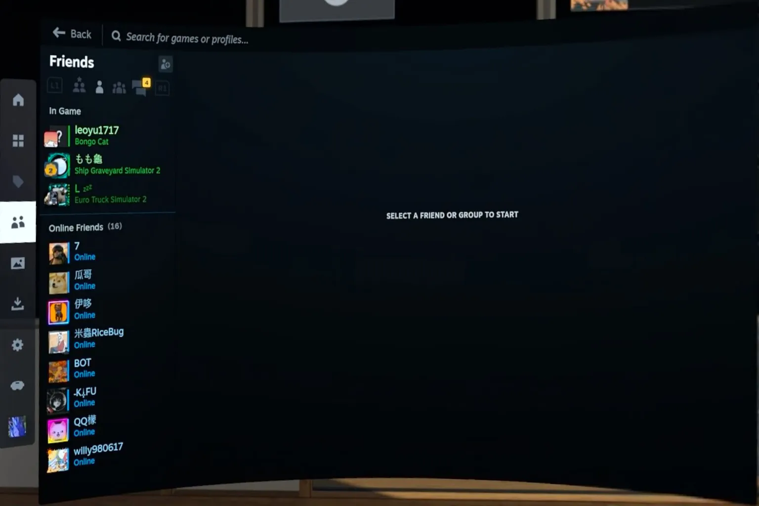 On the SteamVR Friends & Chat screen, the menu is shown on the left, while the online friends list and their statuses appear on the right.