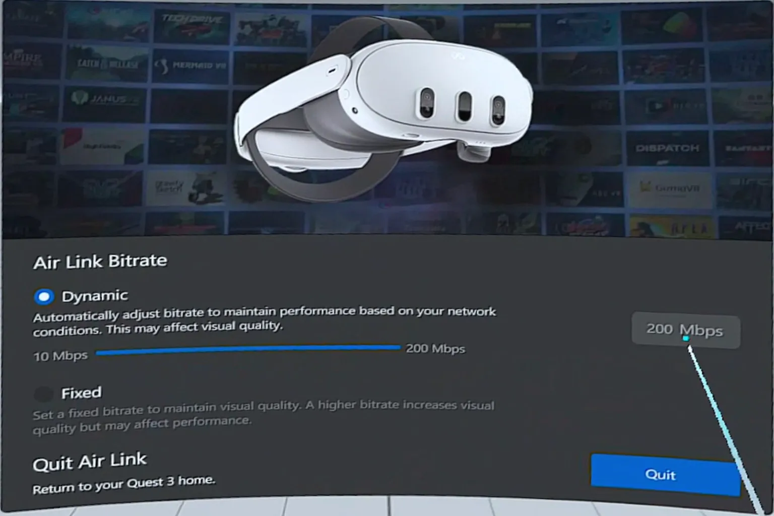 Air Link set to dynamic bitrate mode by default, automatically adjusting image quality and stability based on network conditions.