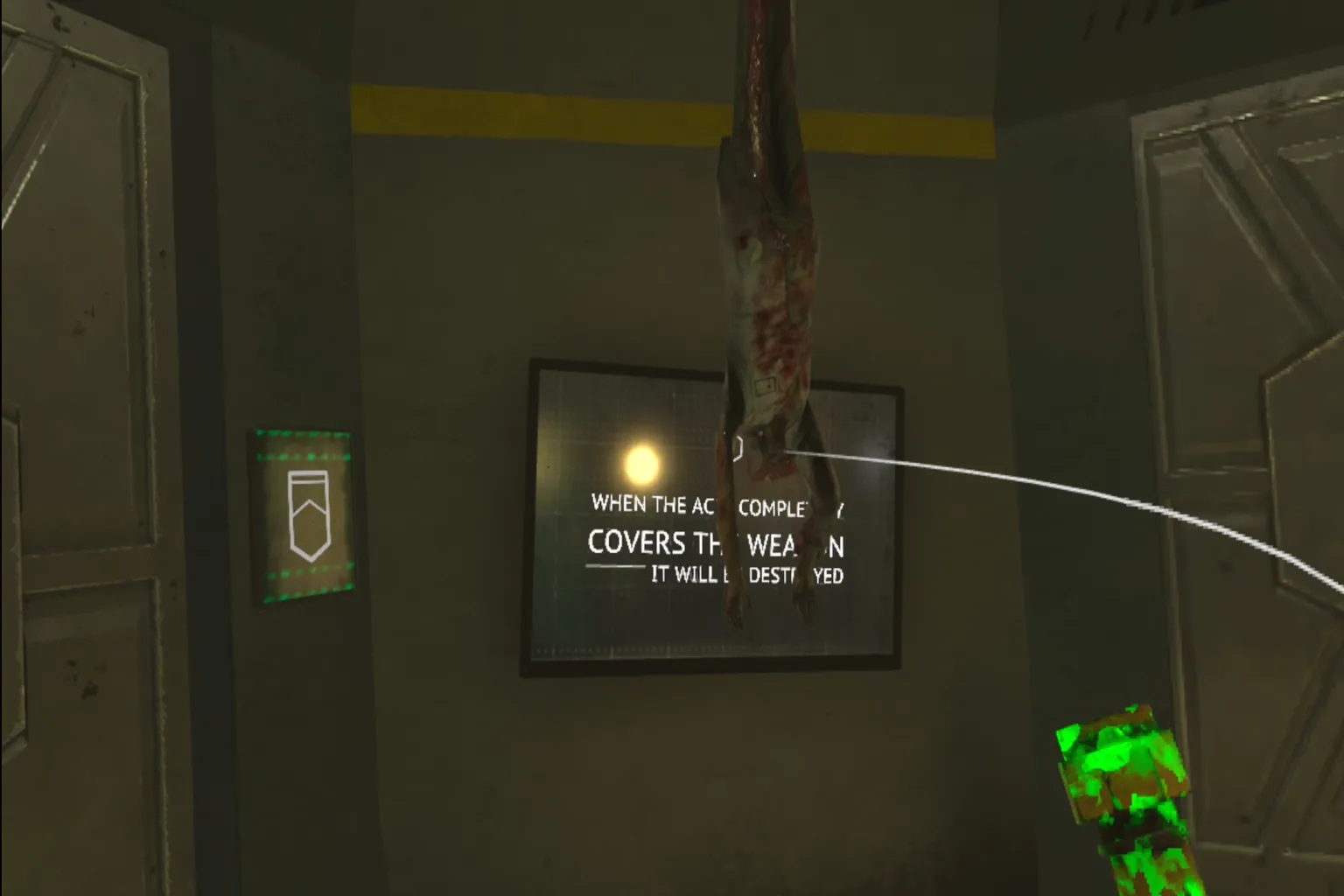 The player holding a corroded melee weapon, about to strike a decaying zombie at close range.