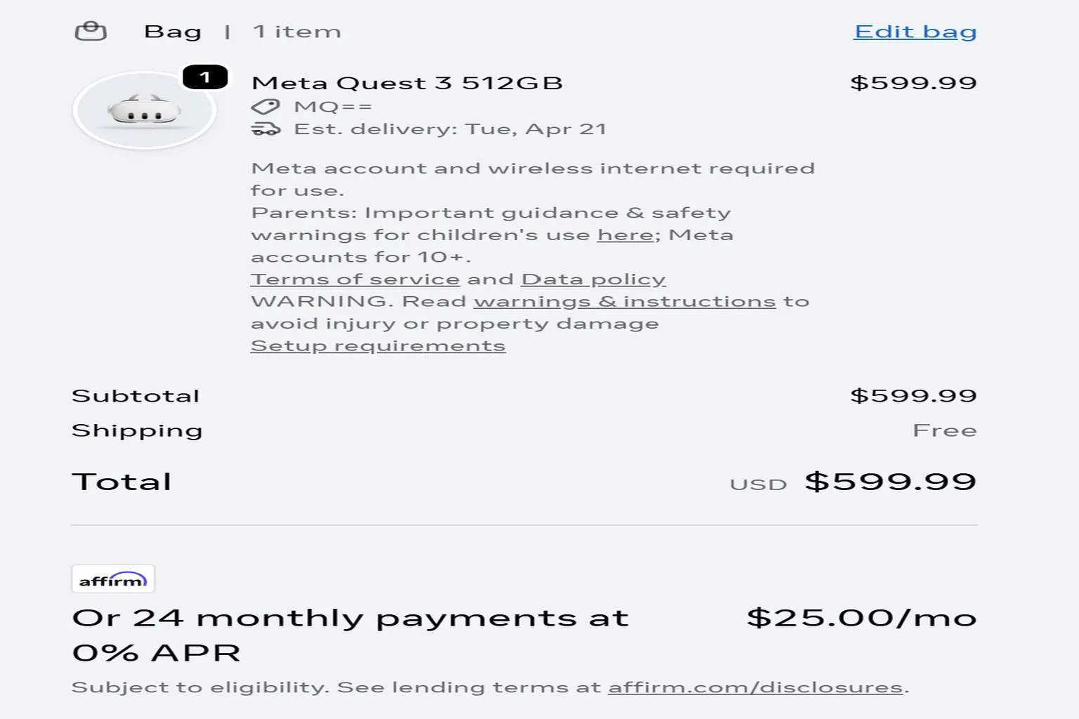 Checkout page with no reward information displayed, indicating this order will not receive $30 Quest Cash and needs to be redone